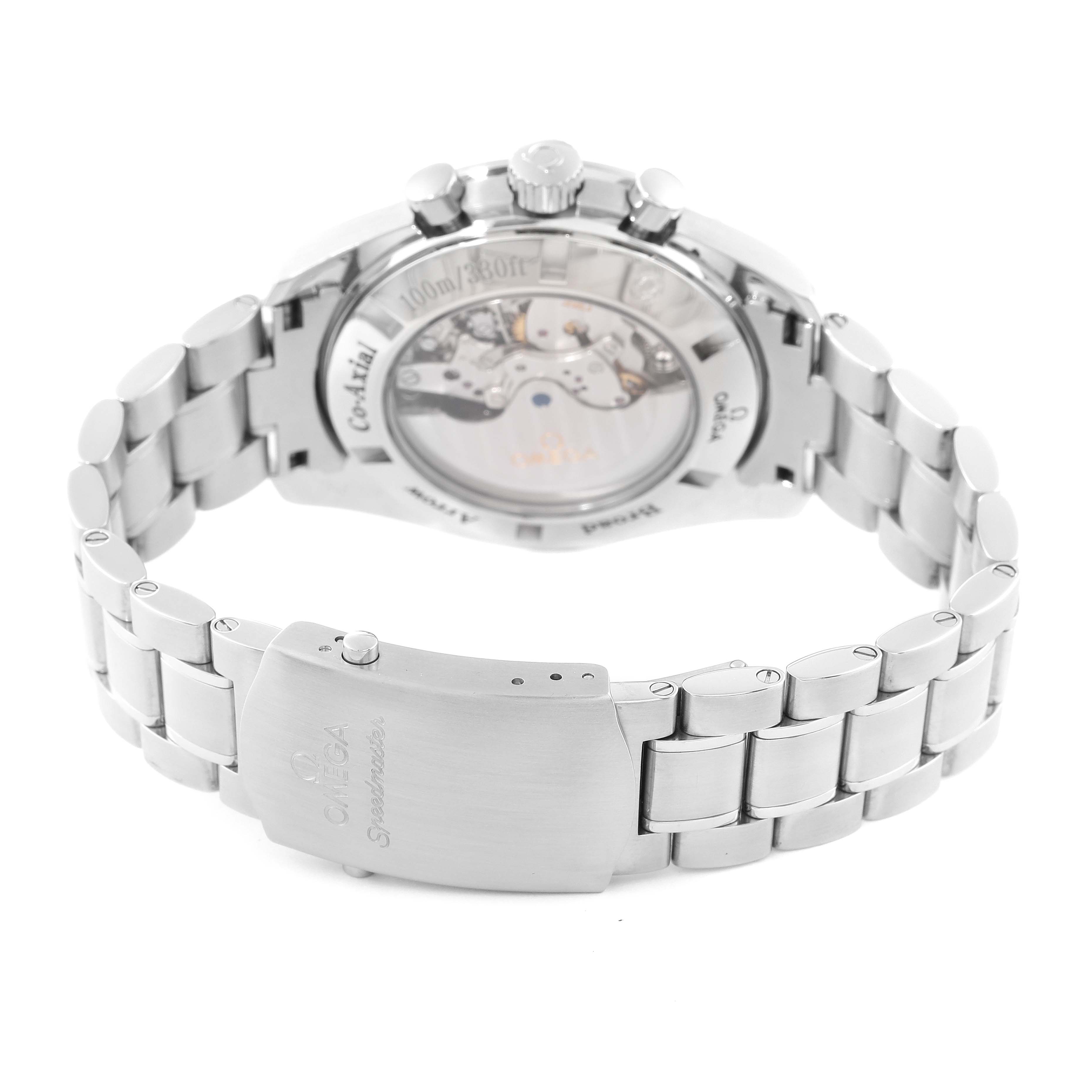 The image shows the back view of the Omega Speedmaster 321.10.44.50.02.001 Men's Stainless Steel Silver Dial 321.10.44.50.02.001 Men's Stainless Steel Silver Dial watch, highlighting its bracelet and clasp, as well as its transparent case back.