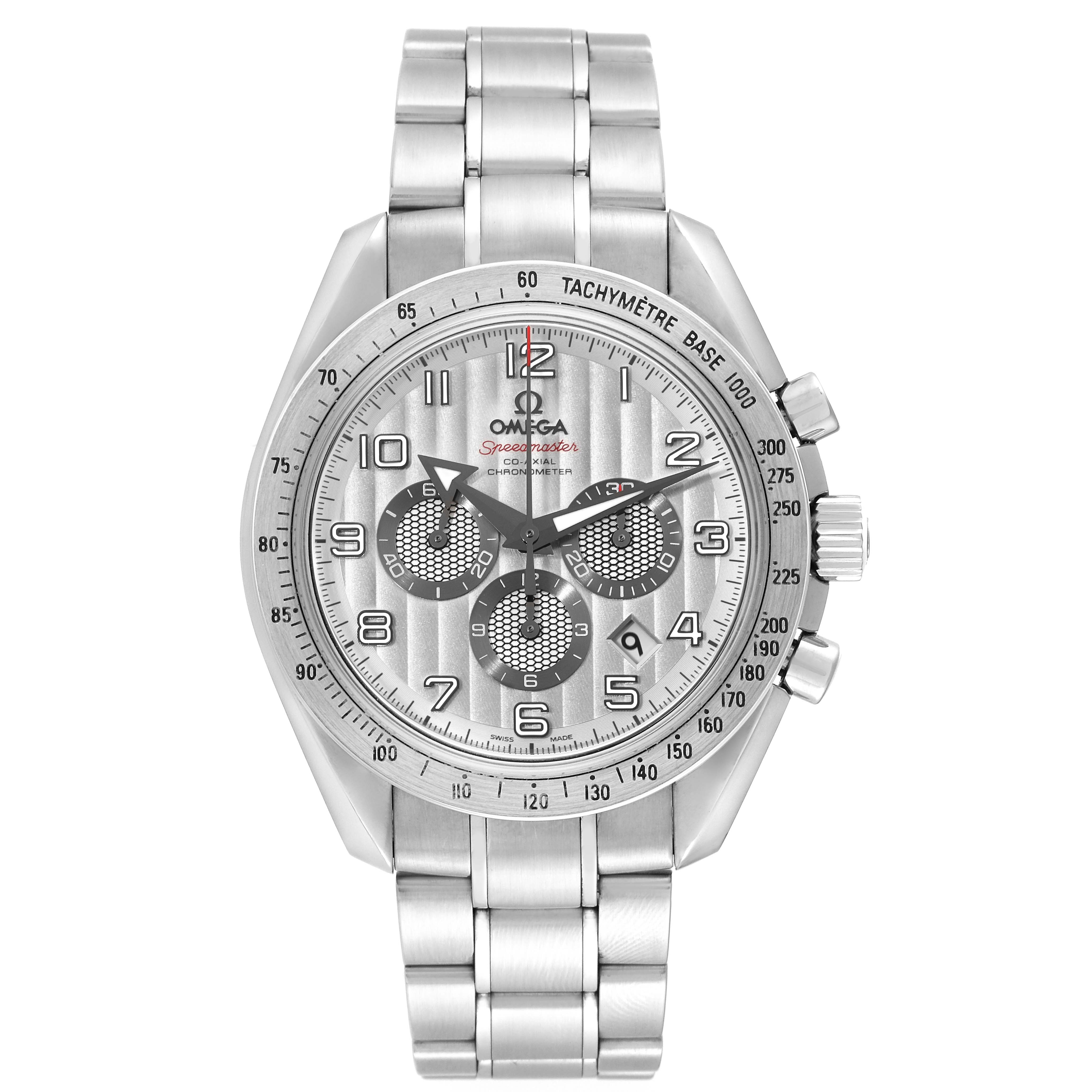 The Omega Speedmaster 321.10.44.50.02.001 Men's Stainless Steel Silver Dial 321.10.44.50.02.001 Men's Stainless Steel Silver Dial watch is shown from a front angle, displaying its face, bezel, and metal bracelet.