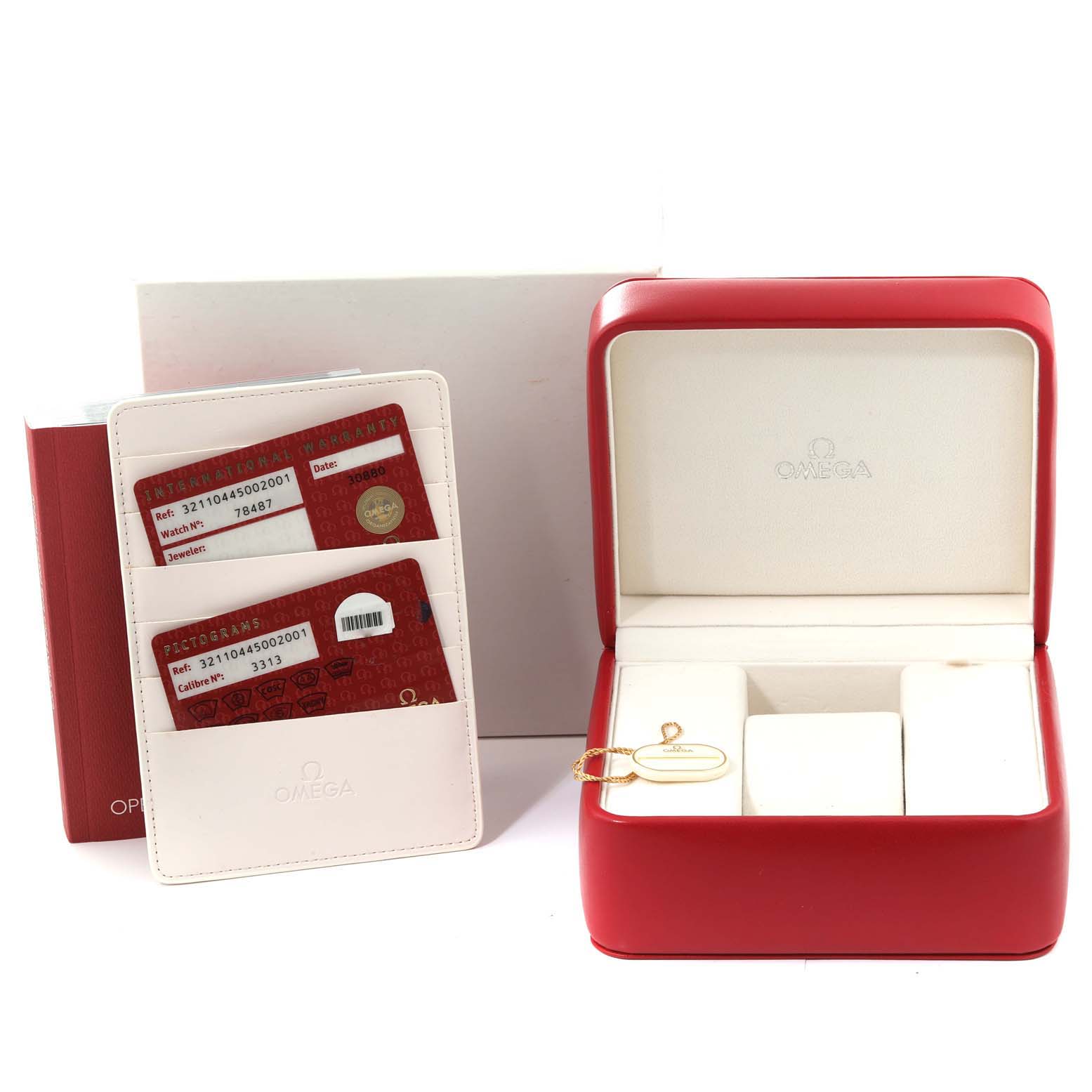 The image shows the open red box, cards, and tag for the Omega Speedmaster 321.10.44.50.02.001 Men's Stainless Steel Silver Dial 321.10.44.50.02.001 Men's Stainless Steel Silver Dial watch.