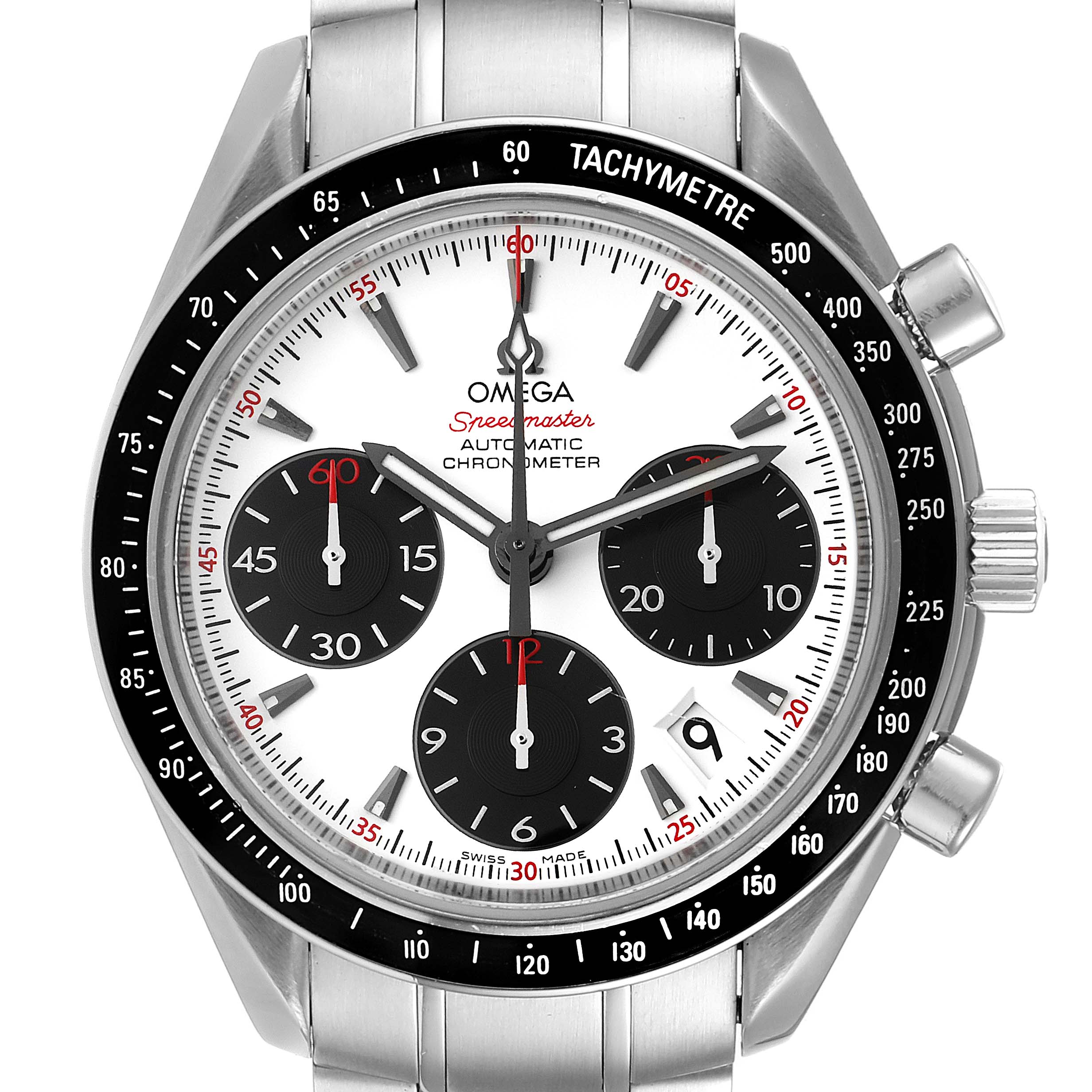 This image shows a frontal view of the Omega Speedmaster 323.30.40.40.04.001 Men's Stainless Steel White Dial 323.30.40.40.04.001 Men's Stainless Steel White Dial watch, highlighting the dial, subdials, bezel, and metallic strap.