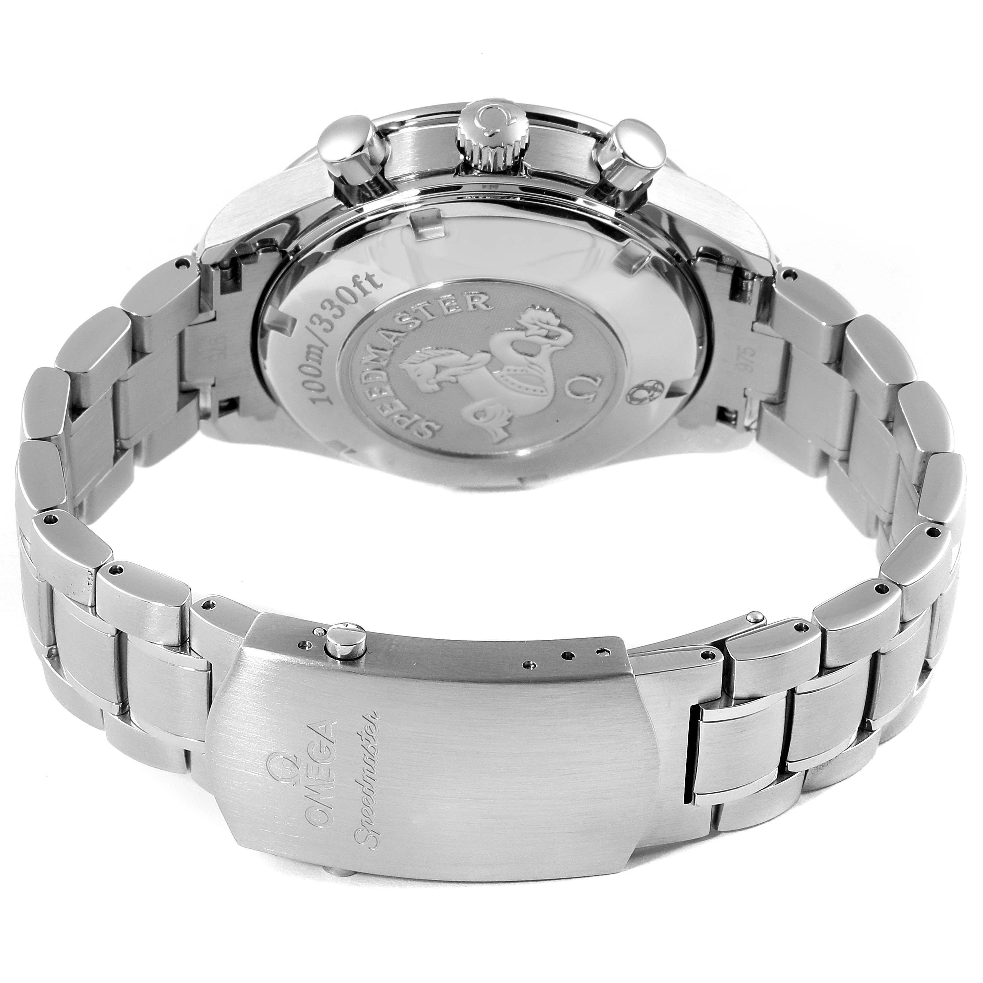 This image shows the back case and metal bracelet with the clasp of an Omega Speedmaster 323.30.40.40.04.001 Men's Stainless Steel White Dial 323.30.40.40.04.001 Men's Stainless Steel White Dial watch.