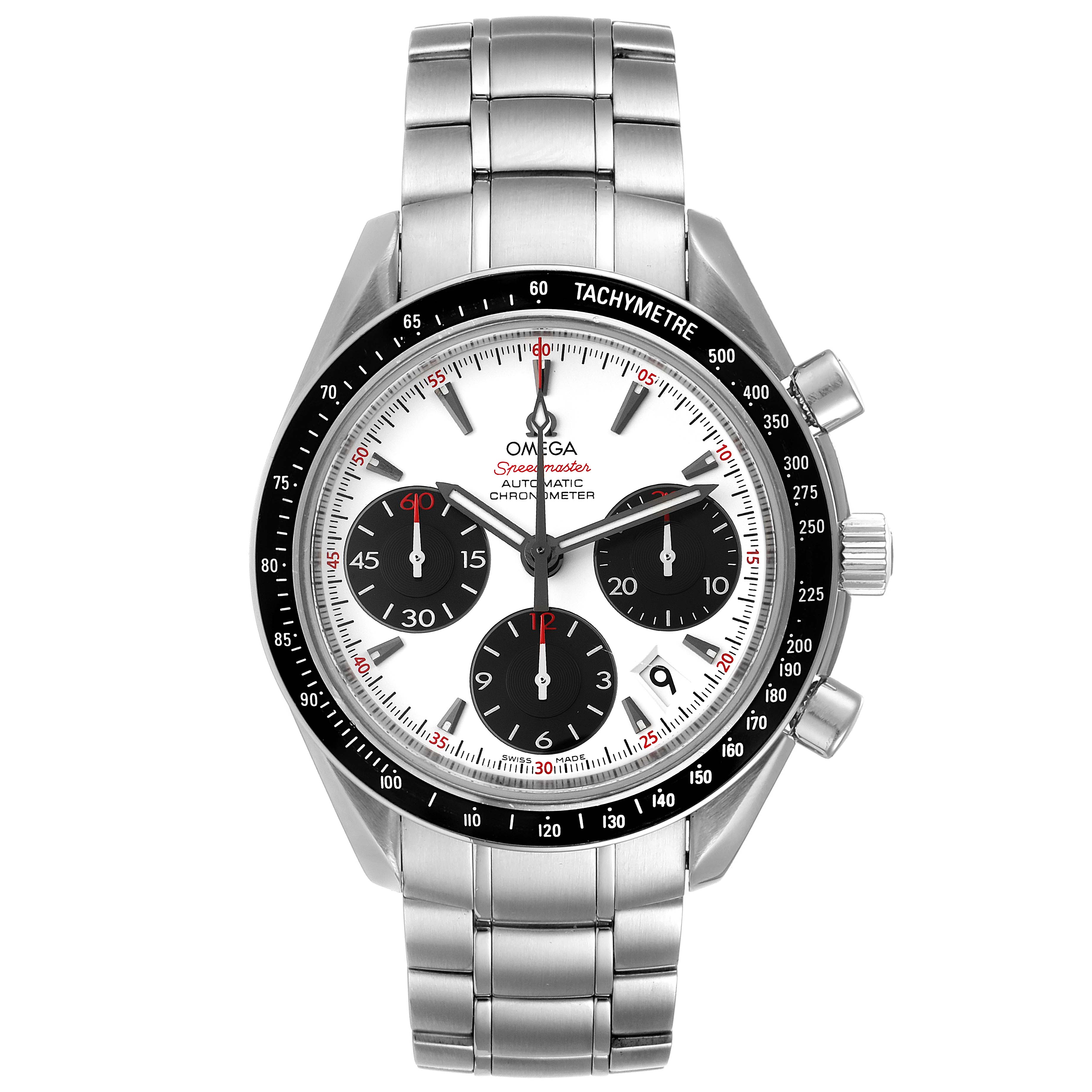 The image shows a frontal view of the Omega Speedmaster 323.30.40.40.04.001 Men's Stainless Steel White Dial 323.30.40.40.04.001 Men's Stainless Steel White Dial watch, displaying its white dial, chronograph sub-dials, and stainless steel bracelet.