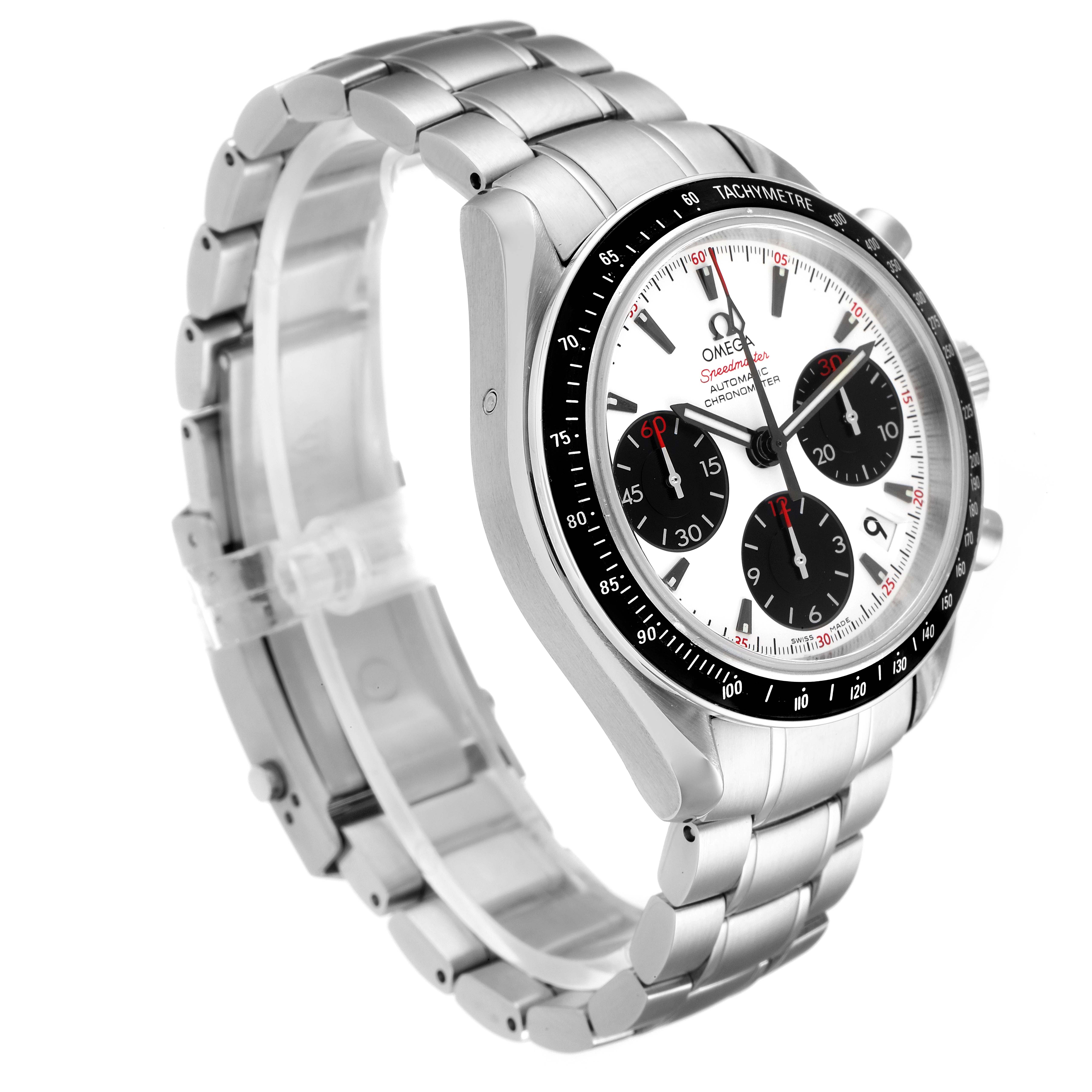The image shows an angled side view of an Omega Speedmaster 323.30.40.40.04.001 Men's Stainless Steel White Dial 323.30.40.40.04.001 Men's Stainless Steel White Dial watch, highlighting the face, bezel, and metal bracelet.