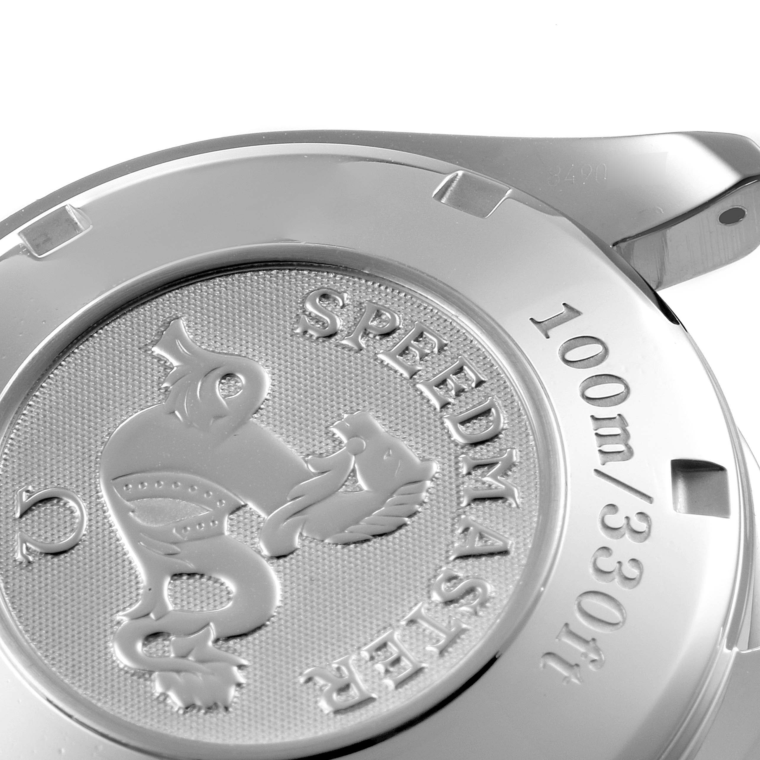 The image shows the case back of the Omega Speedmaster 323.30.40.40.04.001 Men's Stainless Steel White Dial 323.30.40.40.04.001 Men's Stainless Steel White Dial watch, highlighting the embossed logo and water resistance details.