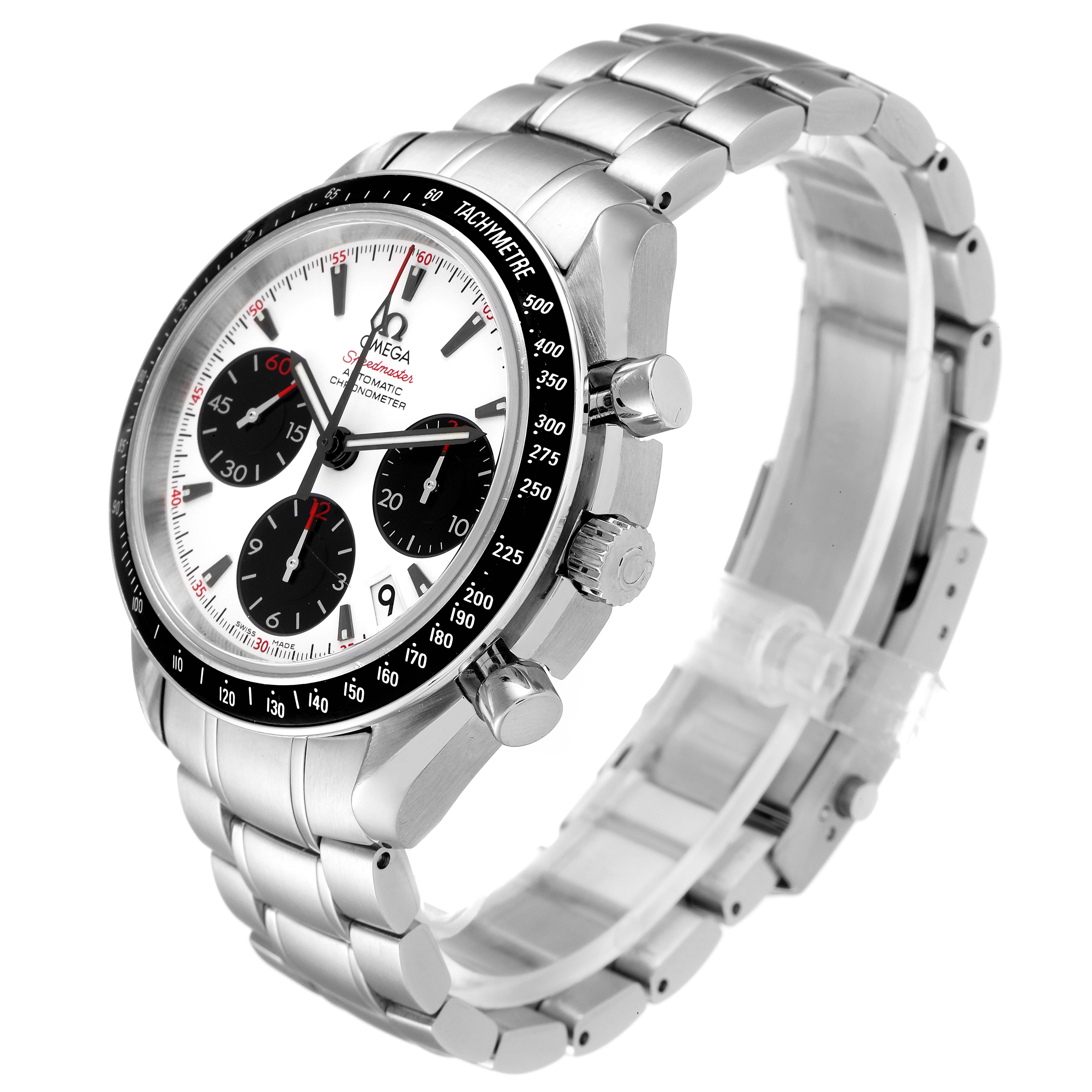 The Omega Speedmaster 323.30.40.40.04.001 Men's Stainless Steel White Dial 323.30.40.40.04.001 Men's Stainless Steel White Dial watch is shown at a side angle, highlighting its face, bezel, pushers, and stainless steel bracelet.