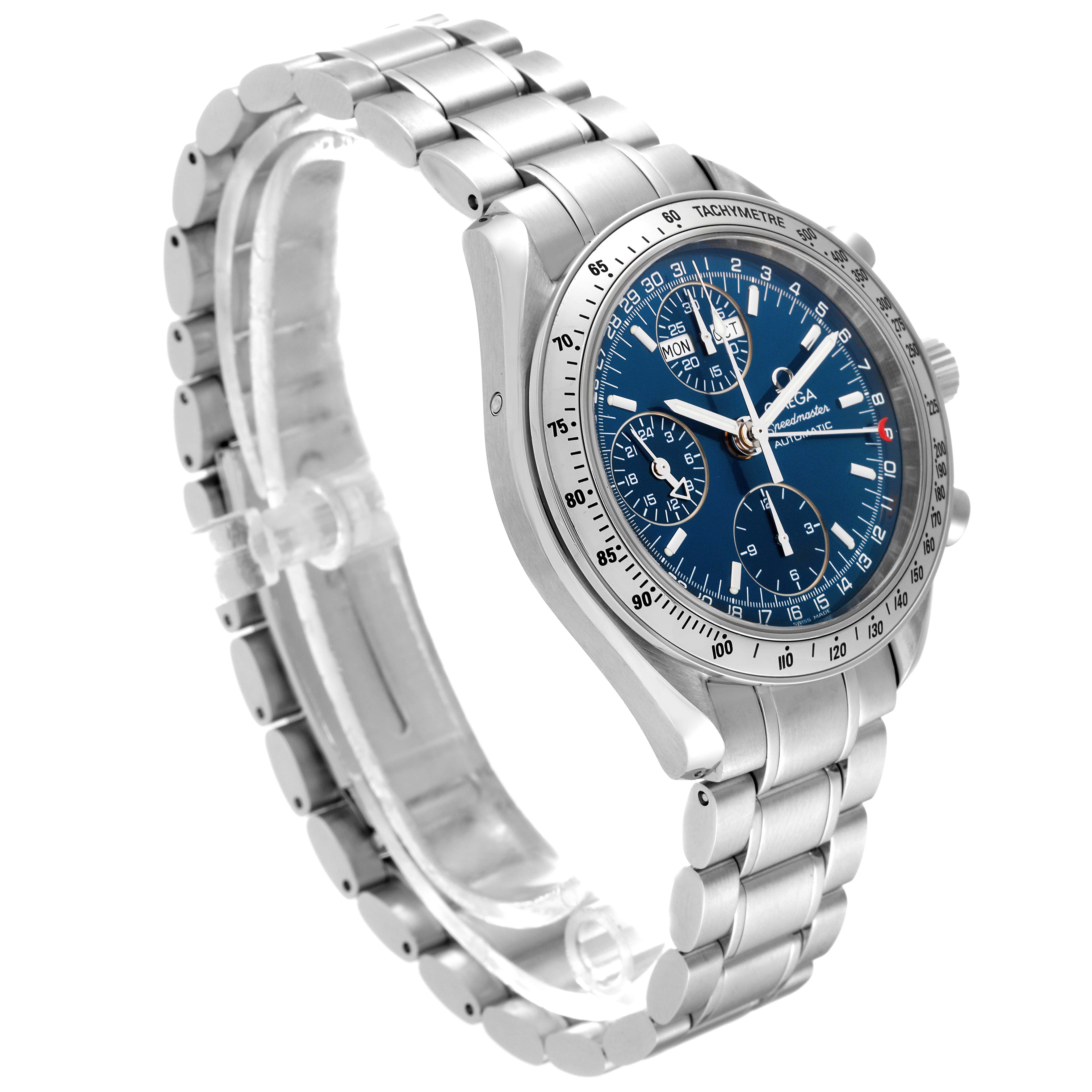 The image shows an angled side view of an Omega Speedmaster 3523.80.00 Men
s Stainless Steel Blue Dial 3523.80.00 Men
s Stainless Steel Blue Dial watch, highlighting its blue dial, stainless steel bracelet, and tachymeter.