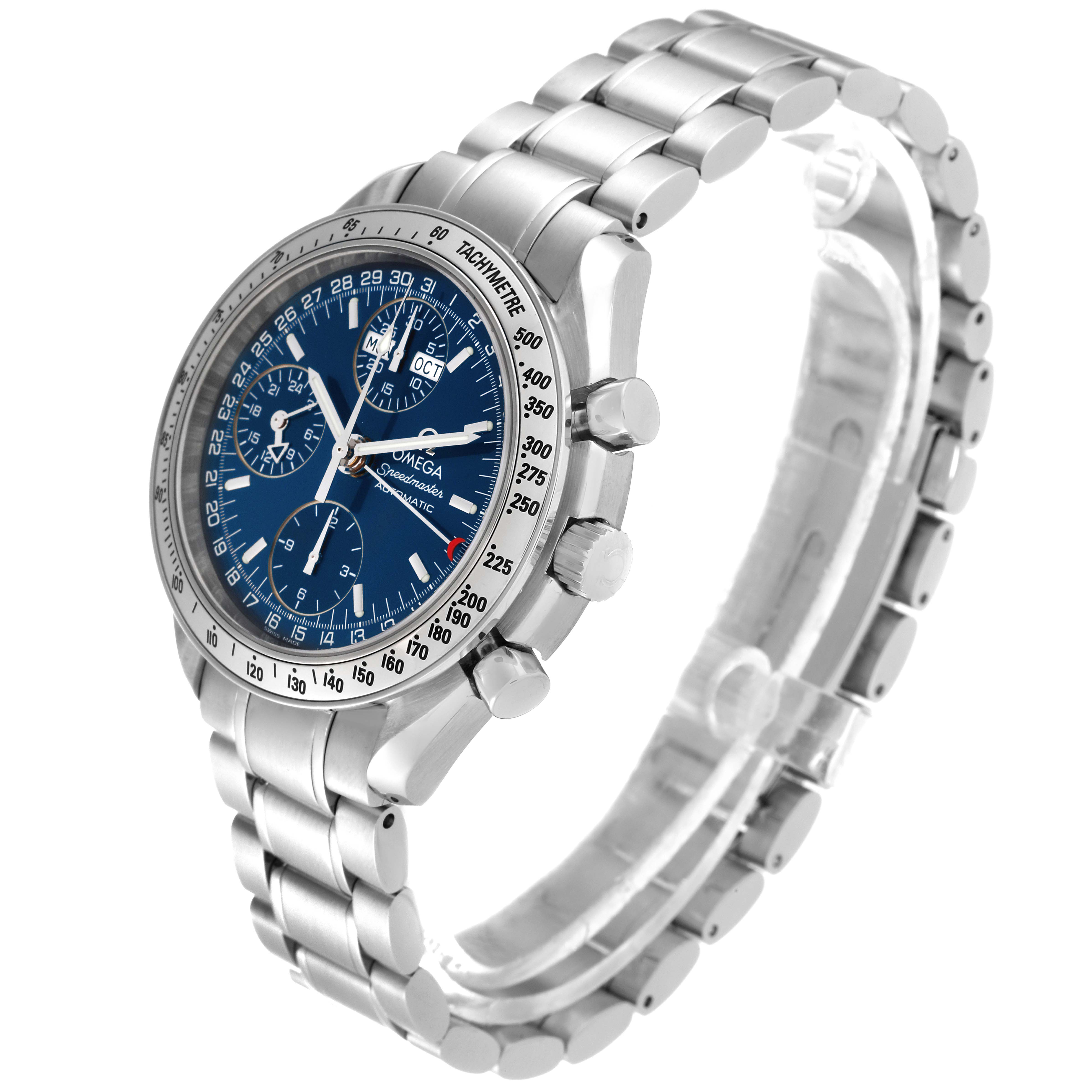 This Omega Speedmaster 3523.80.00 Men
s Stainless Steel Blue Dial 3523.80.00 Men
s Stainless Steel Blue Dial watch is shown at a three-quarter angle showcasing its face, bracelet, and side pushers.