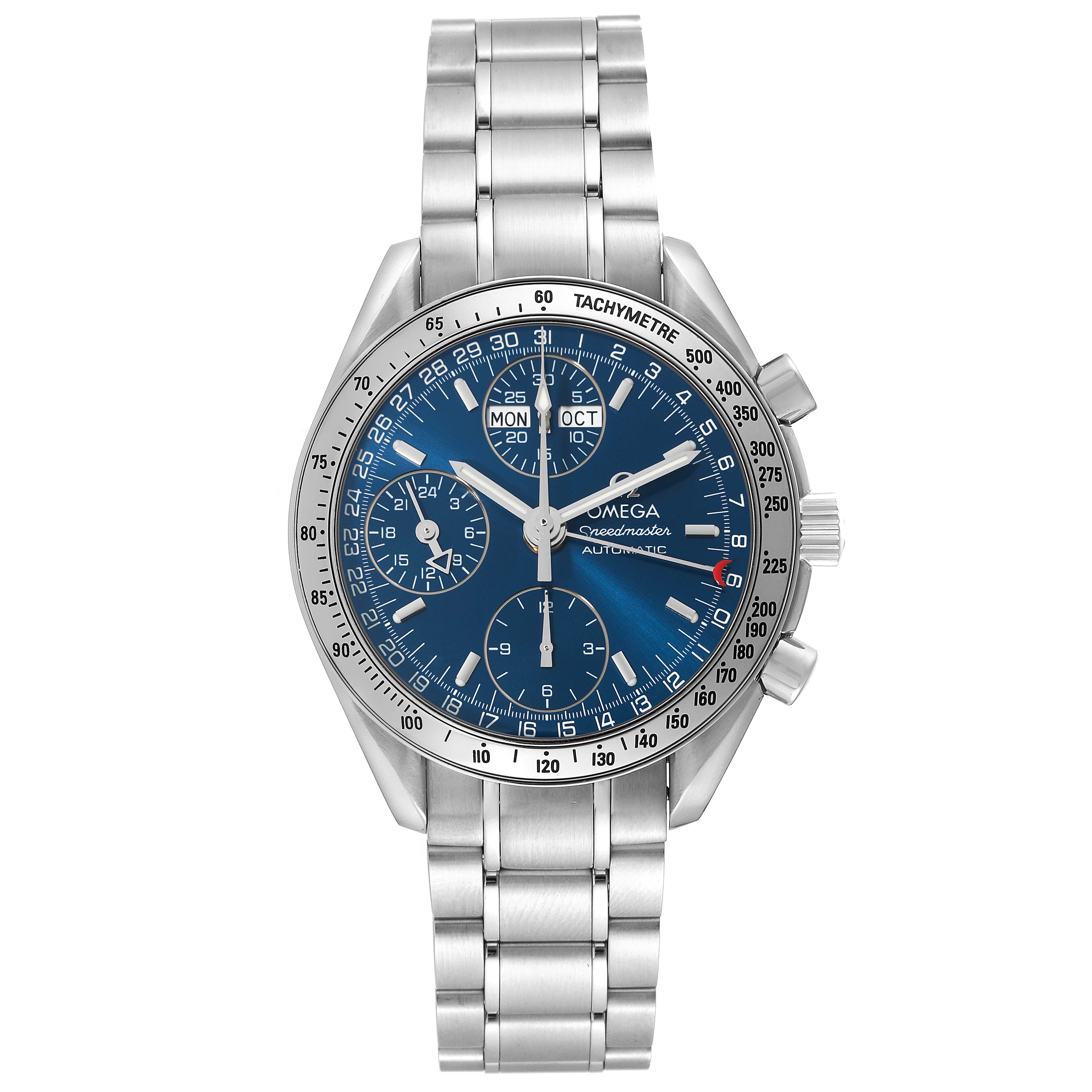 The Omega Speedmaster 3523.80.00 Men
s Stainless Steel Blue Dial 3523.80.00 Men
s Stainless Steel Blue Dial watch is shown from a front angle, highlighting its face, bezel, and stainless steel bracelet.