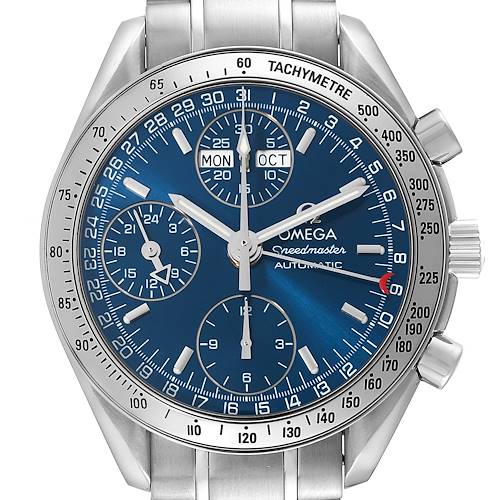 The image shows a close-up frontal view of the Omega Speedmaster watch, highlighting its blue dial, chronograph subdials, and tachymeter bezel.