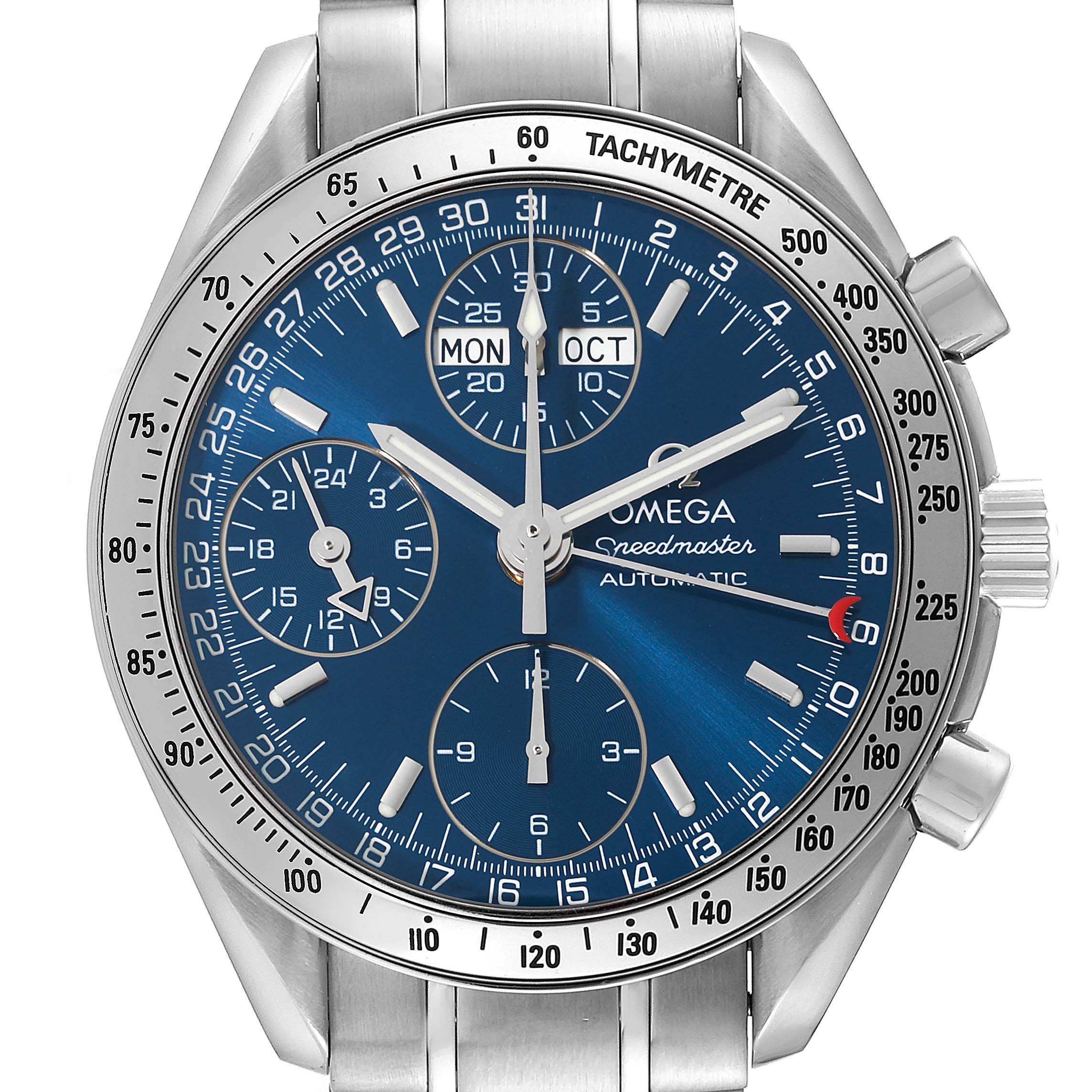 The image shows a front view of the Omega Speedmaster 3523.80.00 Men
s Stainless Steel Blue Dial 3523.80.00 Men
s Stainless Steel Blue Dial watch, highlighting its blue dial, chronograph subdials, tachymeter bezel, and date displays.