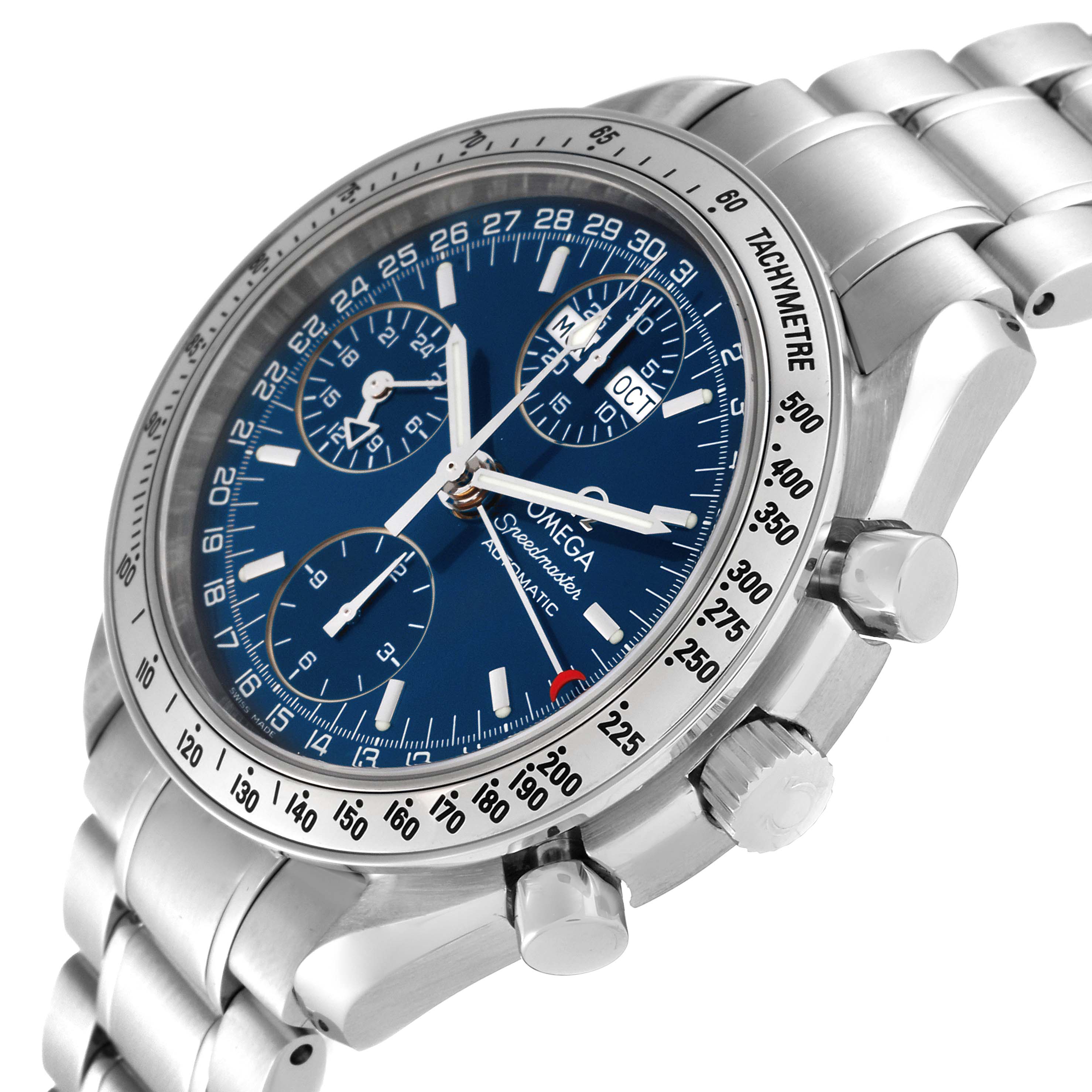 The image shows a close-up of the Omega Speedmaster 3523.80.00 Men
s Stainless Steel Blue Dial 3523.80.00 Men
s Stainless Steel Blue Dial watch from a slight angle, displaying the dial, tachymeter bezel, crown, and pushers.