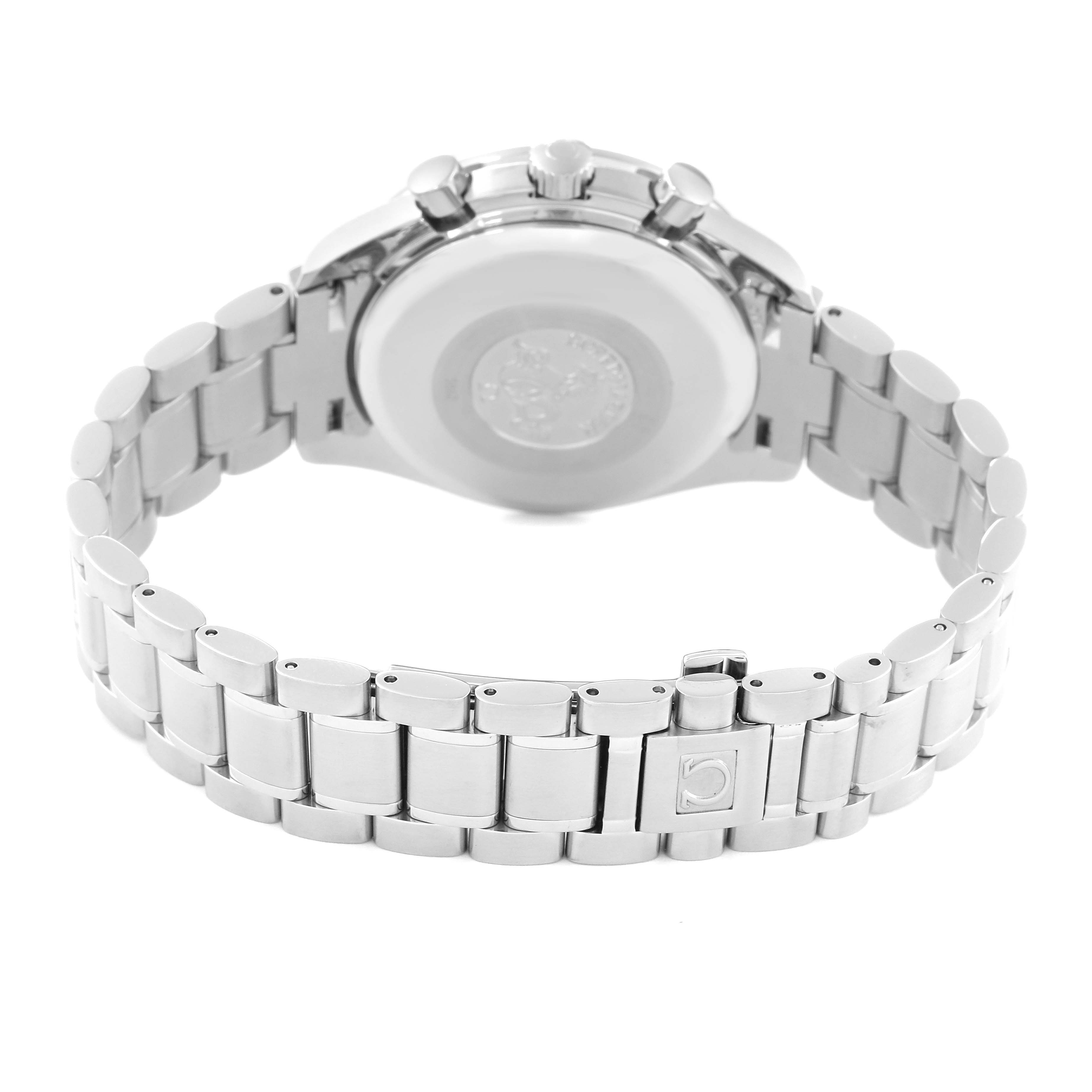 The image shows the back view of an Omega Speedmaster 3523.80.00 Men
s Stainless Steel Blue Dial 3523.80.00 Men
s Stainless Steel Blue Dial watch, focusing on its metal bracelet and clasp.