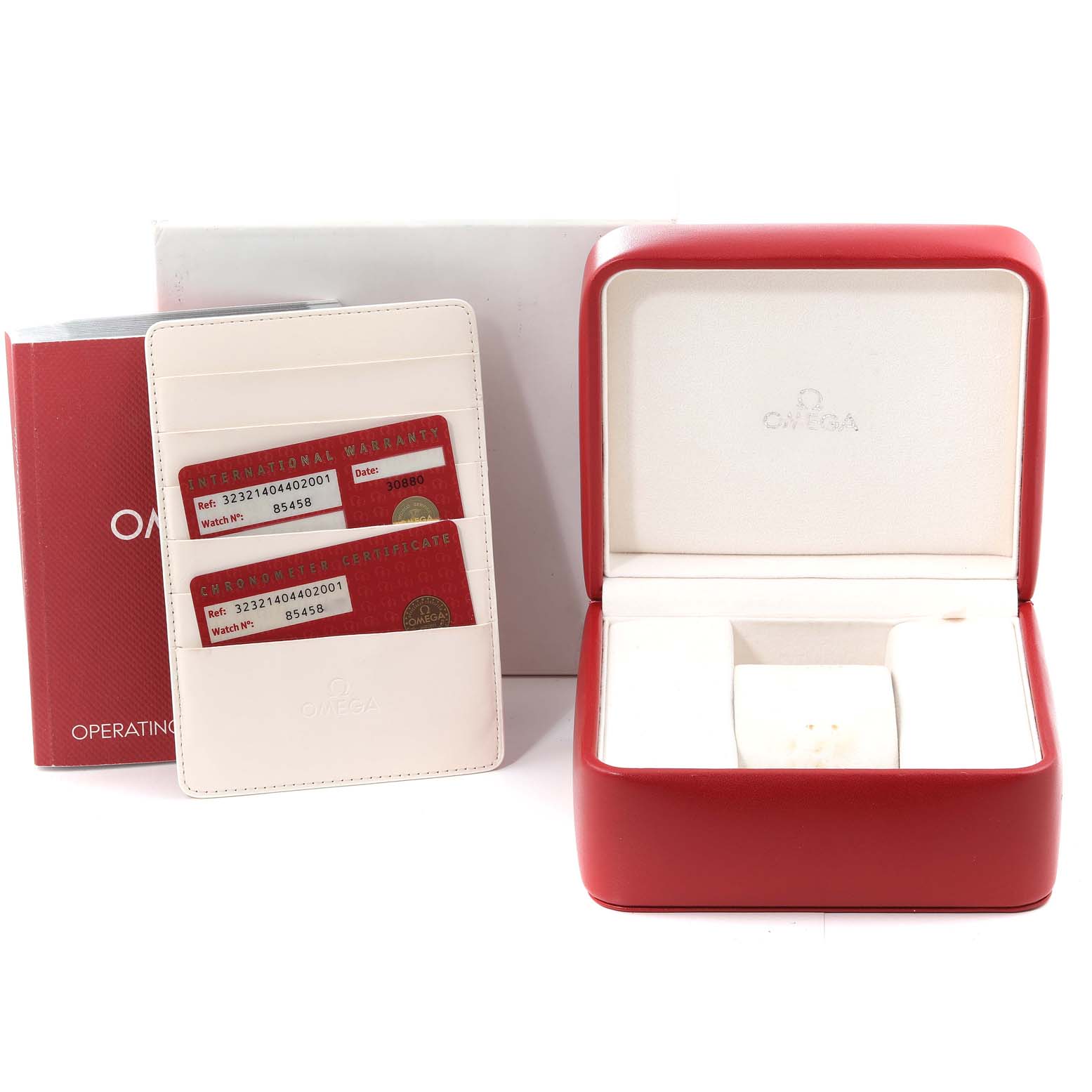 The image shows an Omega Speedmaster 323.21.40.44.02.001 Men's Steel and Gold (two tone) Silver Dial 323.21.40.44.02.001 Men's Steel and Gold (two tone) Silver Dial watch box, international warranty, chronometer certificate, and operating instructions.