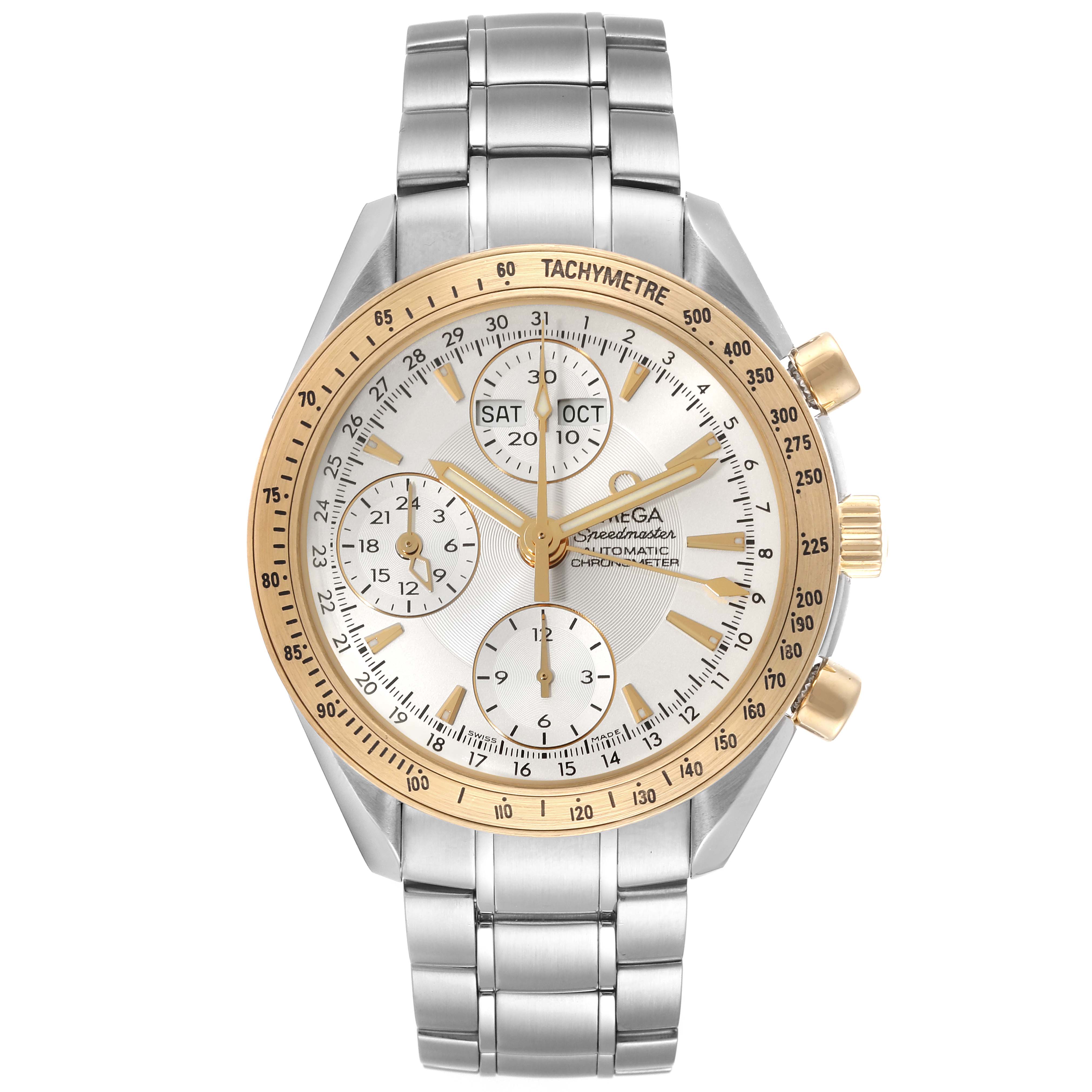 The image shows a front view of the Omega Speedmaster 323.21.40.44.02.001 Men's Steel and Gold (two tone) Silver Dial 323.21.40.44.02.001 Men's Steel and Gold (two tone) Silver Dial, featuring its dial, tachymeter bezel, crown, and stainless steel bracelet.