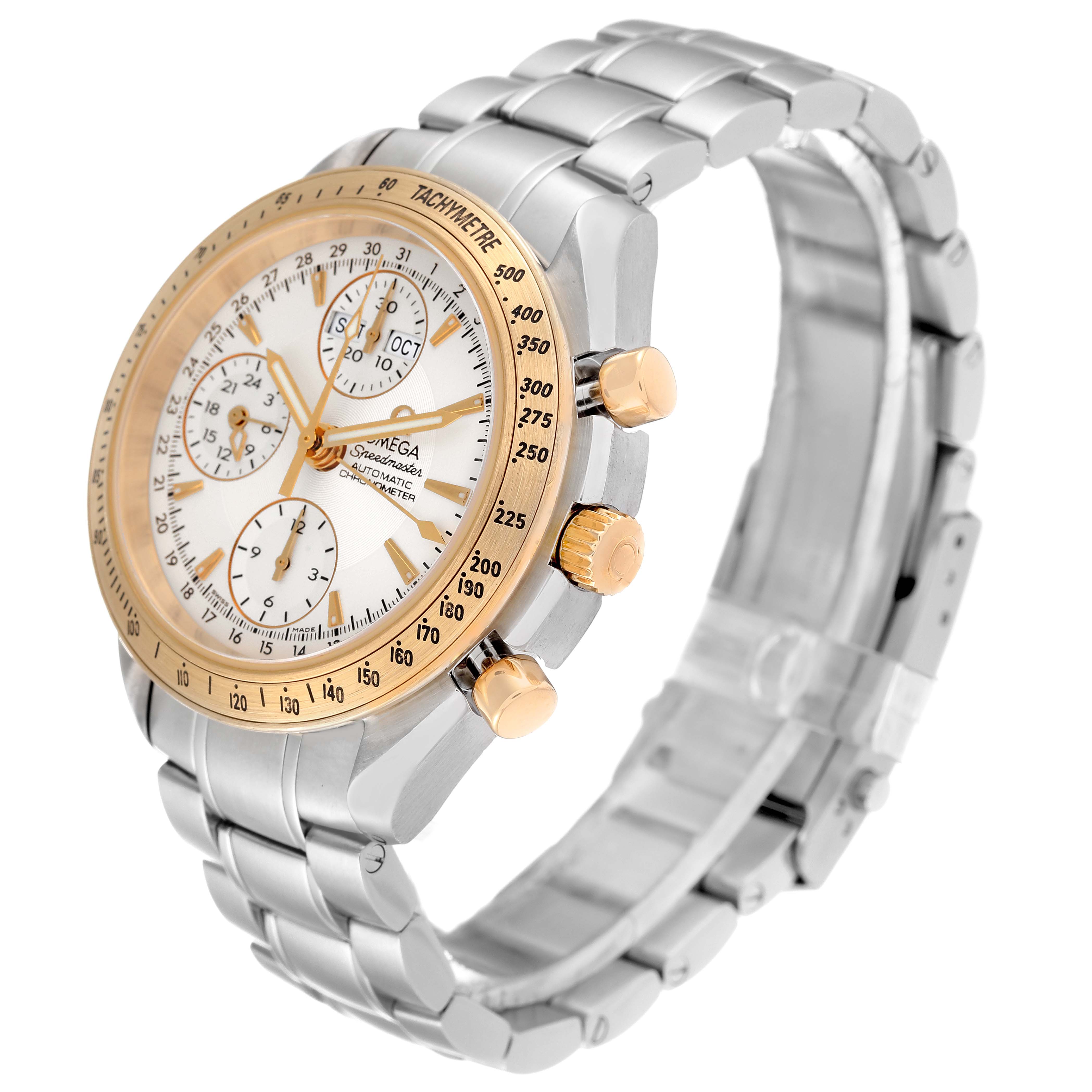 This image shows an Omega Speedmaster 323.21.40.44.02.001 Men's Steel and Gold (two tone) Silver Dial 323.21.40.44.02.001 Men's Steel and Gold (two tone) Silver Dial watch from a 3/4 angle, highlighting its face, bezel, pushers, and metal bracelet.