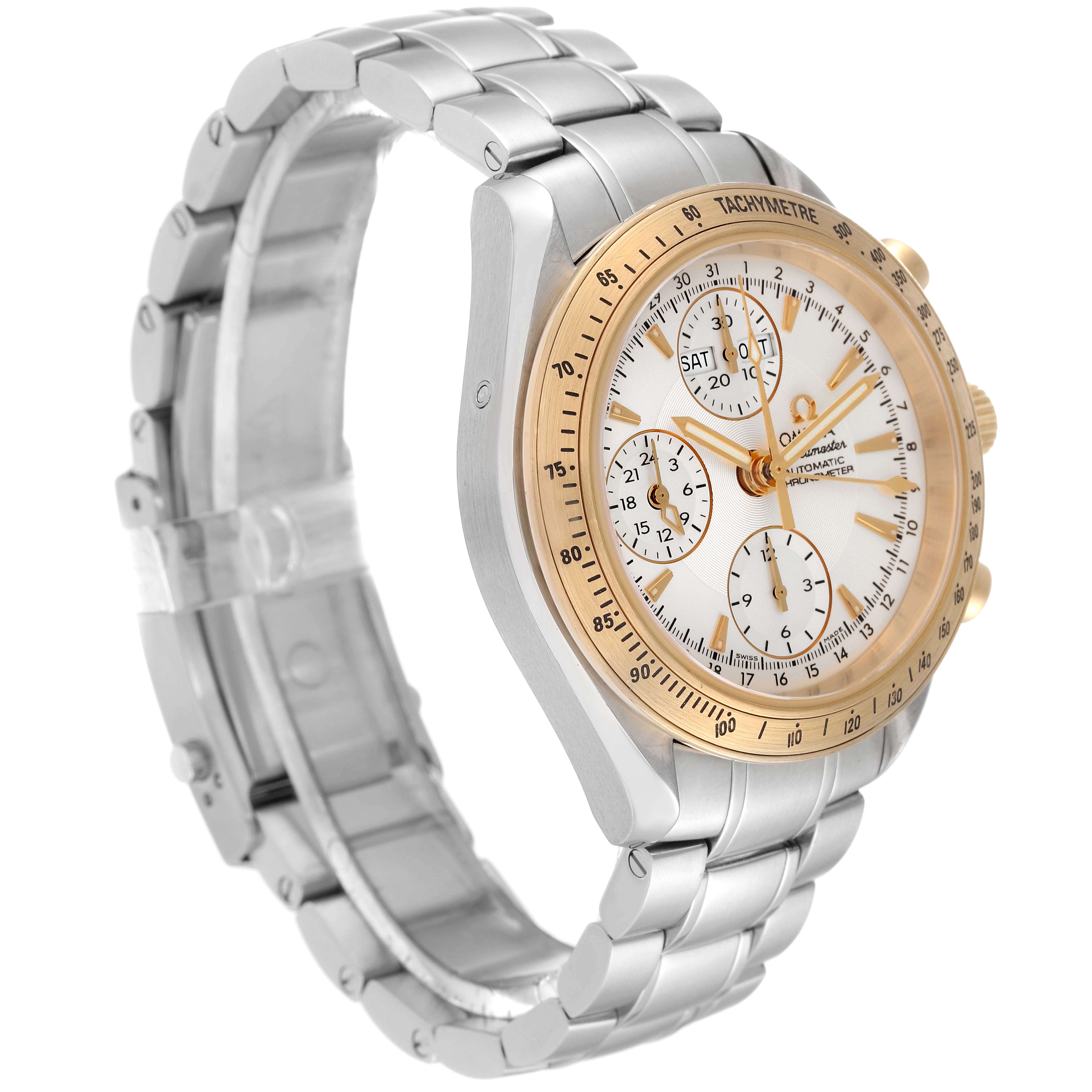 The Omega Speedmaster 323.21.40.44.02.001 Men's Steel and Gold (two tone) Silver Dial 323.21.40.44.02.001 Men's Steel and Gold (two tone) Silver Dial watch is shown at a three-quarter angle, highlighting the face, bezel, and metal bracelet.