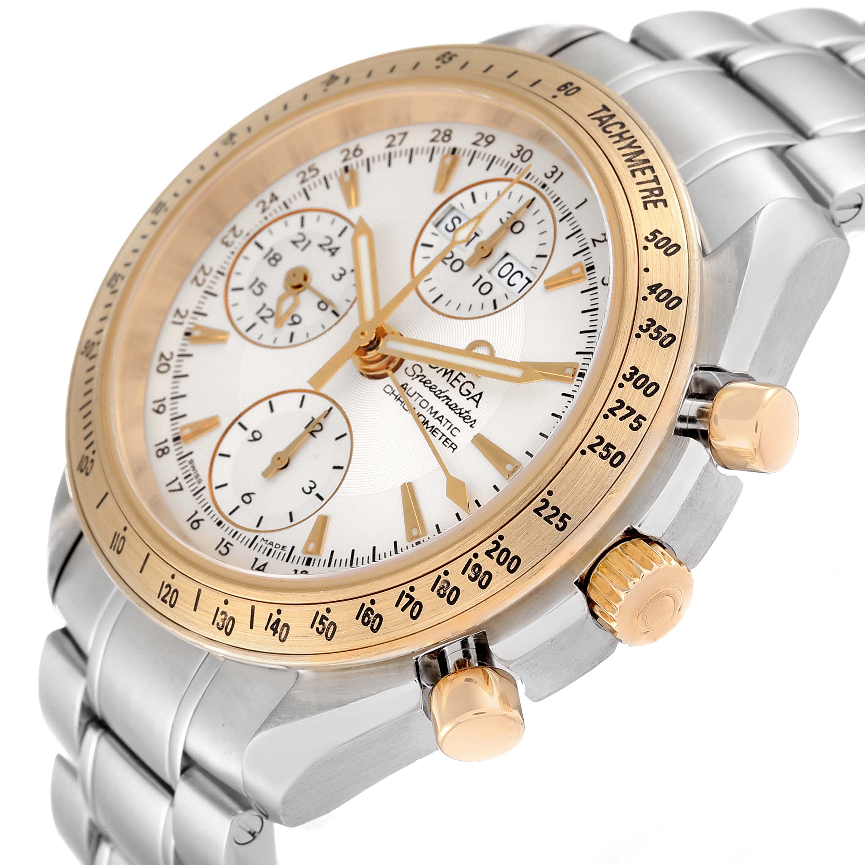 This image of an Omega Speedmaster 323.21.40.44.02.001 Men's Steel and Gold (two tone) Silver Dial 323.21.40.44.02.001 Men's Steel and Gold (two tone) Silver Dial watch shows a close-up of the face, bezel, and pushers at a slight angle.