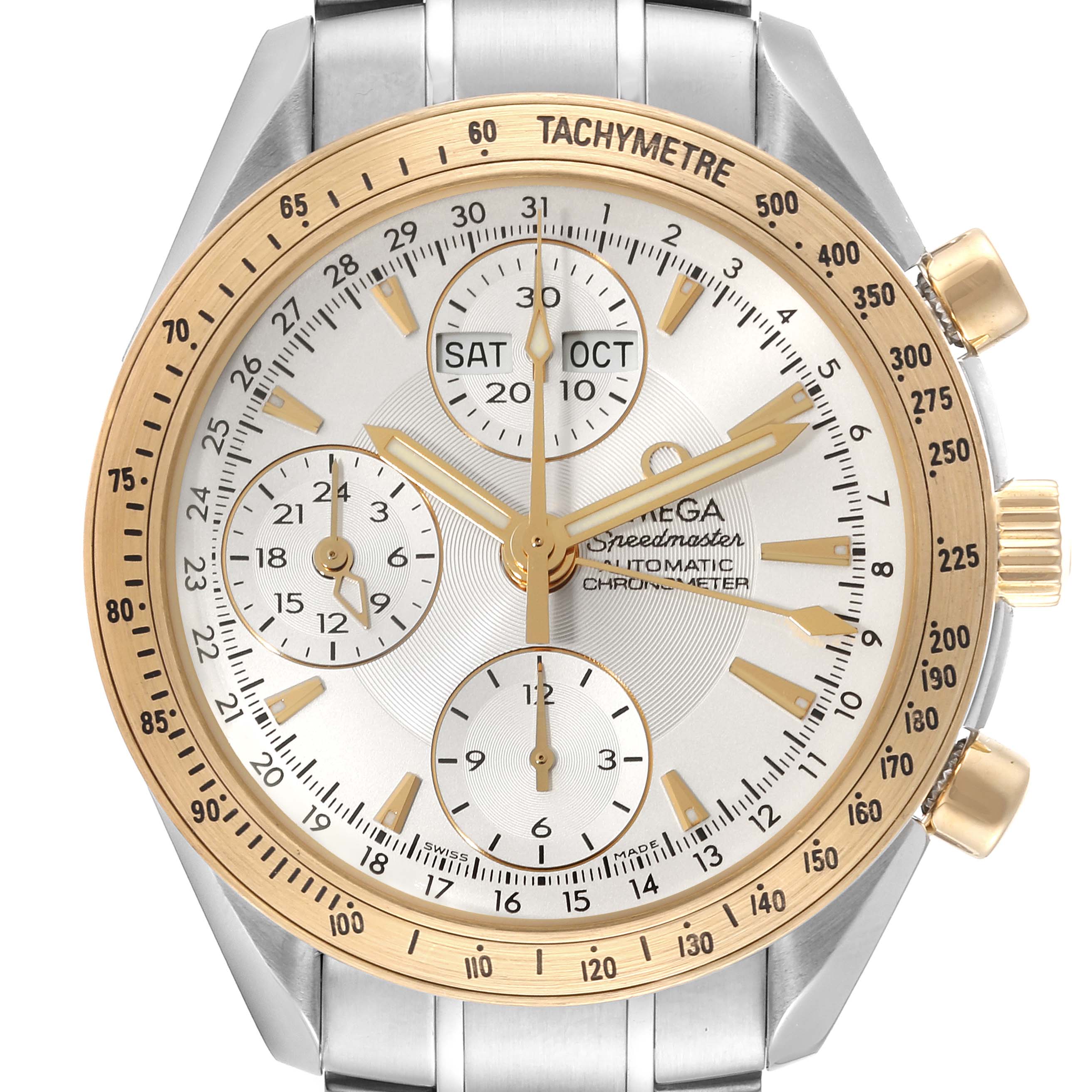 The image shows a frontal view of the Omega Speedmaster 323.21.40.44.02.001 Men's Steel and Gold (two tone) Silver Dial 323.21.40.44.02.001 Men's Steel and Gold (two tone) Silver Dial watch, highlighting its dial, sub-dials, tachymeter bezel, and pushers.