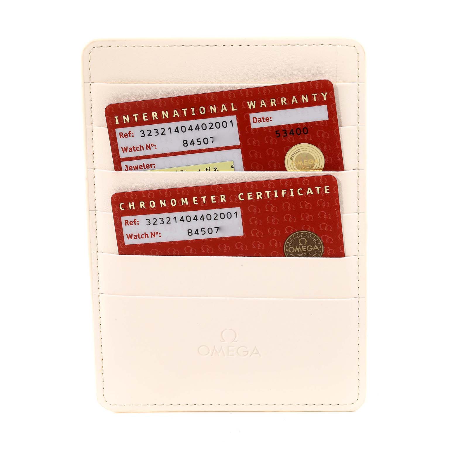 This image shows the international warranty and chronometer certificate cards for the Omega Speedmaster 323.21.40.44.02.001 Men's Steel and Gold (two tone) Silver Dial 323.21.40.44.02.001 Men's Steel and Gold (two tone) Silver Dial watch.