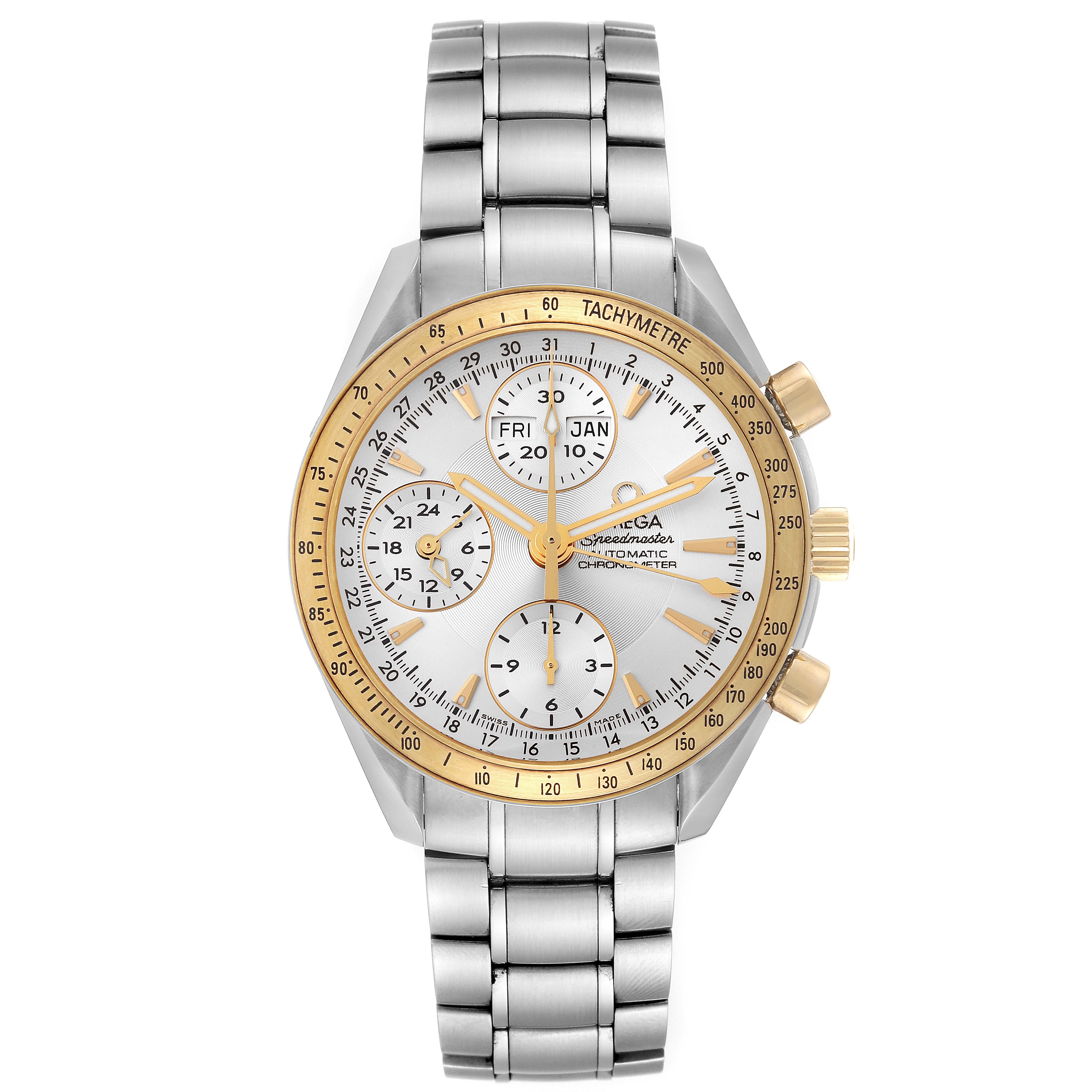 The Omega Speedmaster 323.21.40.44.02.001 Men's Steel and Gold (two tone) Silver Dial 323.21.40.44.02.001 Men's Steel and Gold (two tone) Silver Dial watch is shown from a front angle, displaying its face, dial, and stainless steel bracelet.