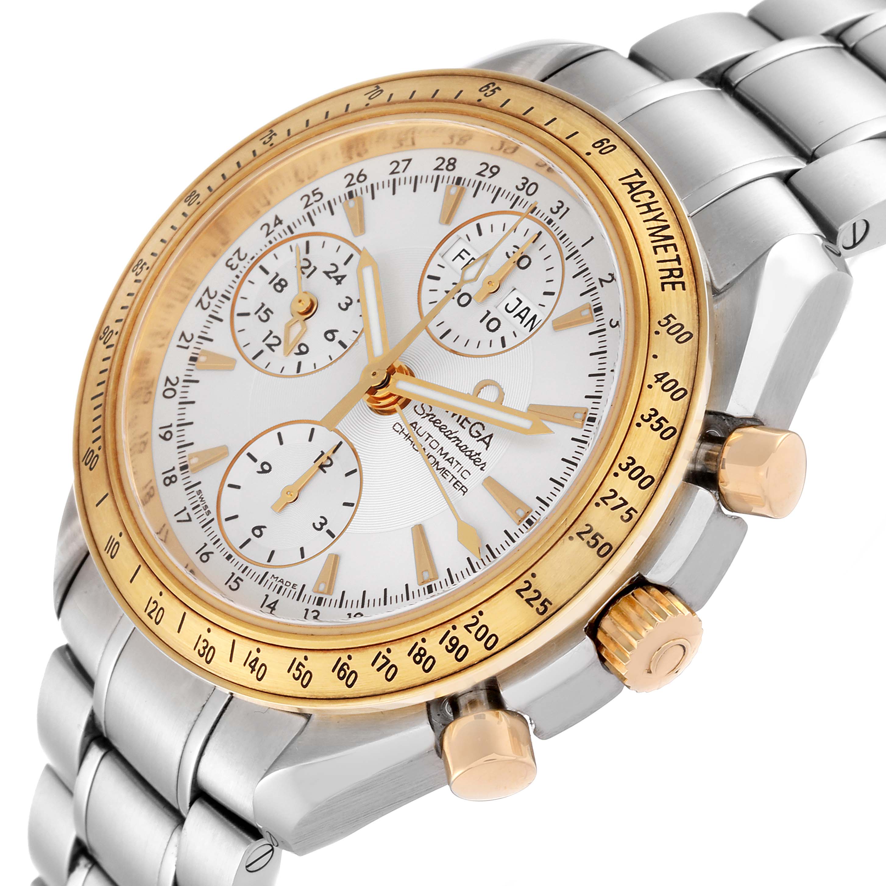 The Omega Speedmaster 323.21.40.44.02.001 Men's Steel and Gold (two tone) Silver Dial 323.21.40.44.02.001 Men's Steel and Gold (two tone) Silver Dial watch is shown at an oblique angle, highlighting the face, gold tachymeter bezel, and metal bracelet.