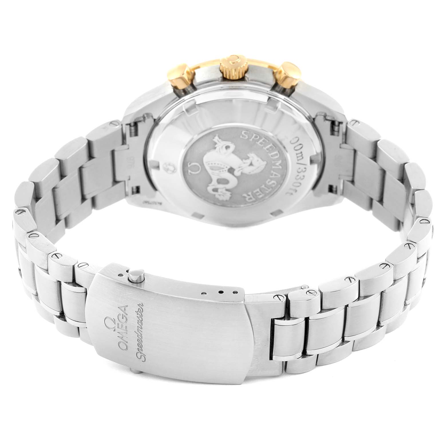 The image shows the back and clasp of an Omega Speedmaster 323.21.40.44.02.001 Men's Steel and Gold (two tone) Silver Dial 323.21.40.44.02.001 Men's Steel and Gold (two tone) Silver Dial watch, highlighting the bracelet and case back details.