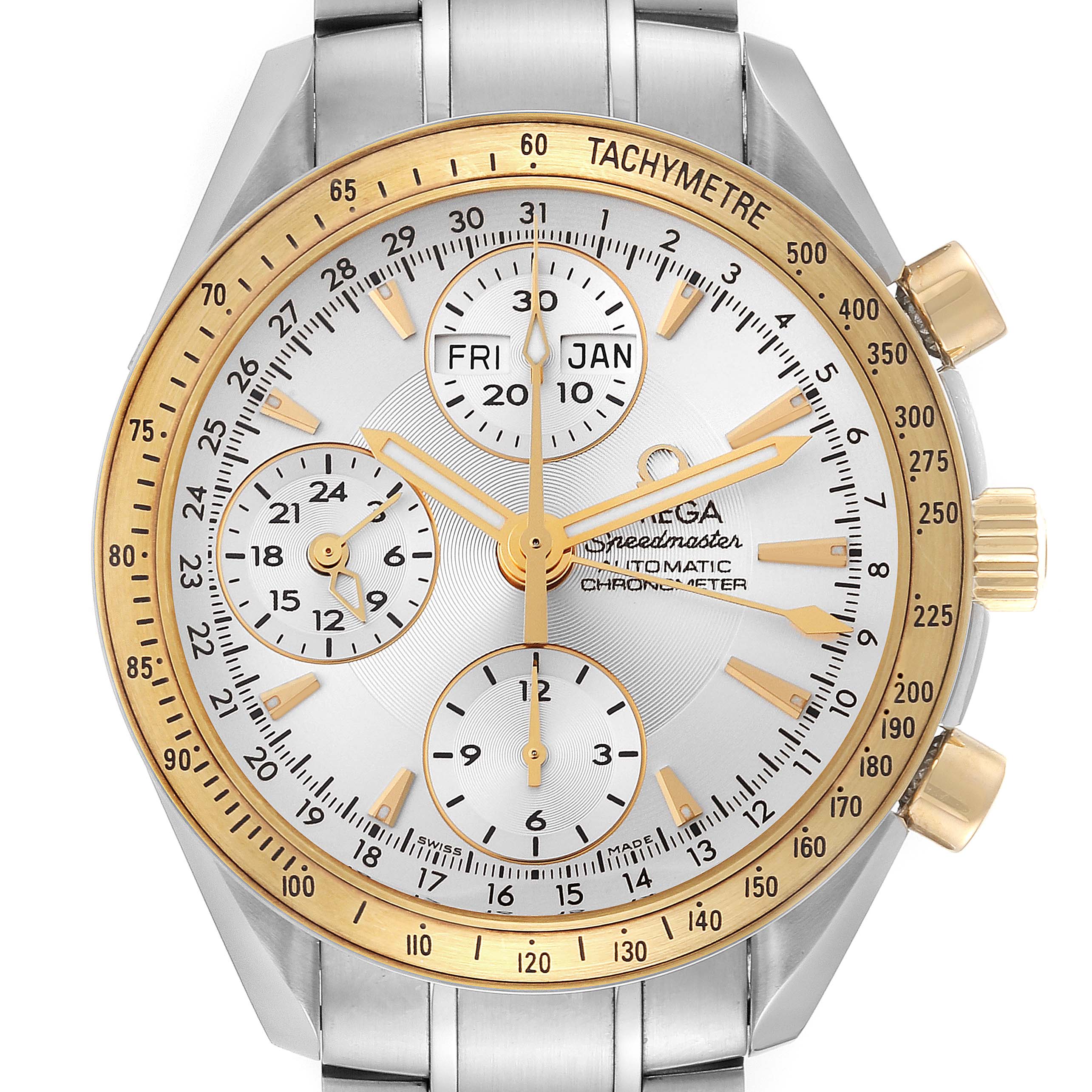 The image shows a frontal view of an Omega Speedmaster 323.21.40.44.02.001 Men's Steel and Gold (two tone) Silver Dial 323.21.40.44.02.001 Men's Steel and Gold (two tone) Silver Dial watch, highlighting its dial, tachymeter bezel, subdials, and bracelet.