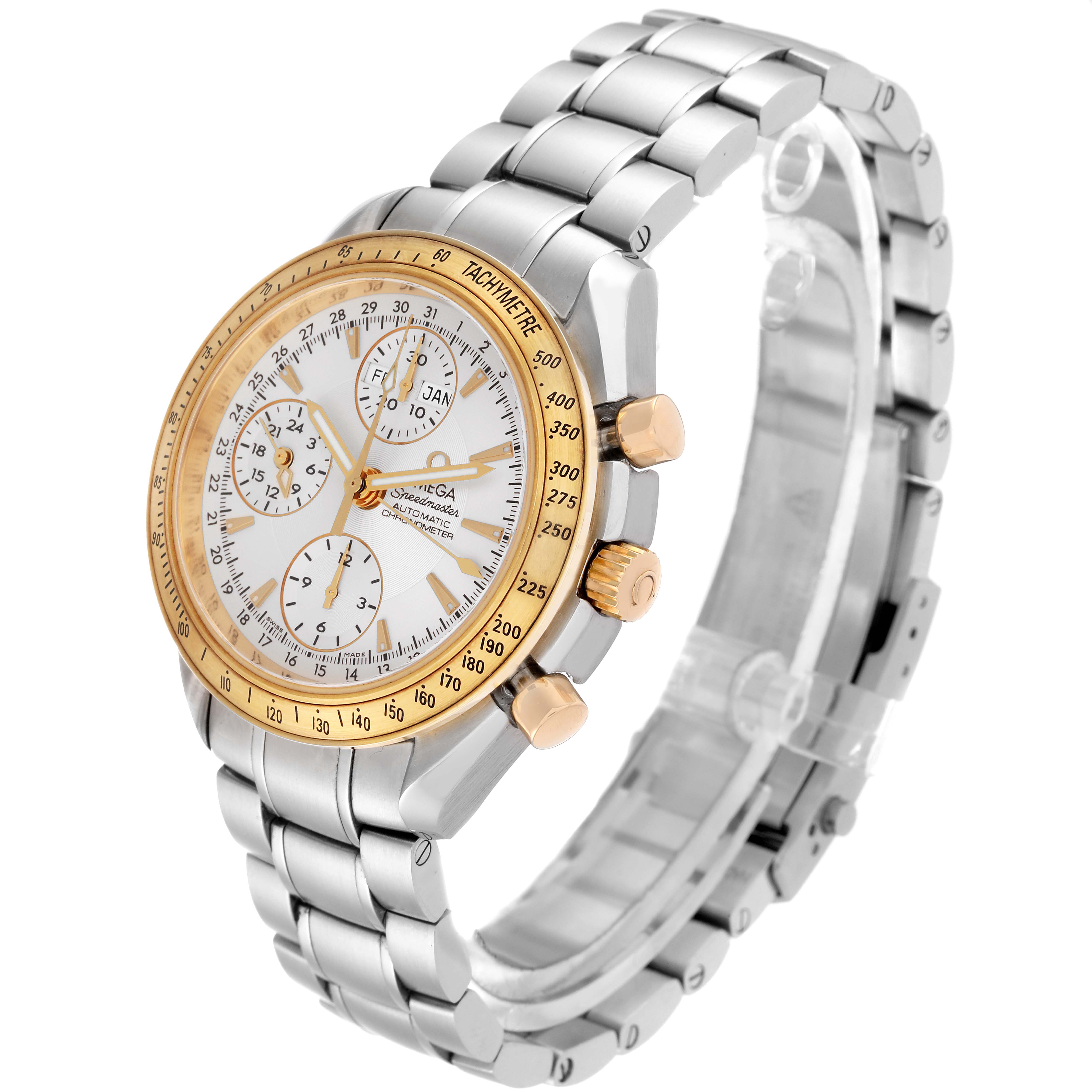 The Omega Speedmaster 323.21.40.44.02.001 Men's Steel and Gold (two tone) Silver Dial 323.21.40.44.02.001 Men's Steel and Gold (two tone) Silver Dial watch is shown at a slight side angle, displaying the dial, bezel, bracelet, and crown.