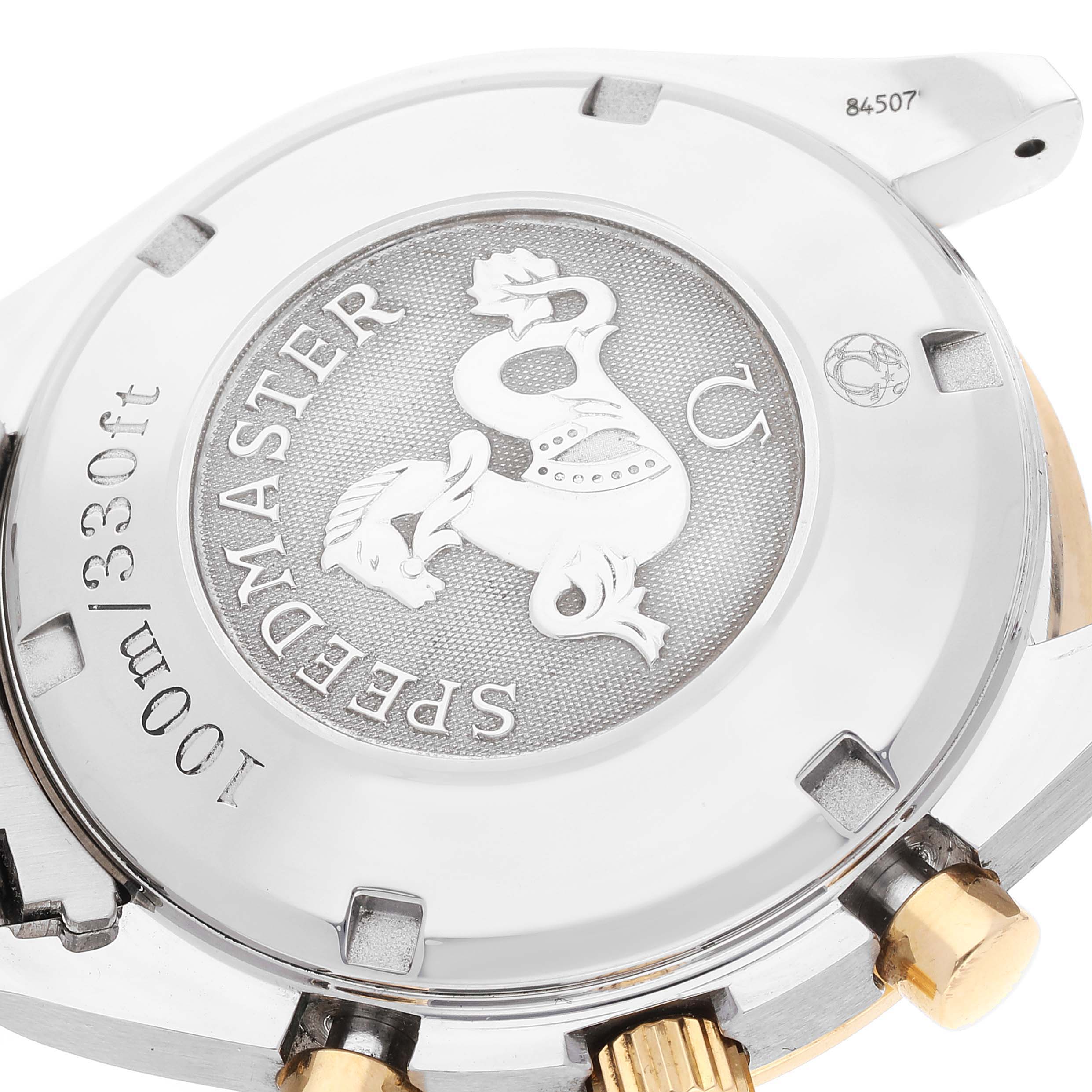 This image shows the case back of an Omega Speedmaster 323.21.40.44.02.001 Men's Steel and Gold (two tone) Silver Dial 323.21.40.44.02.001 Men's Steel and Gold (two tone) Silver Dial watch, highlighting the brand's logo and water resistance details.