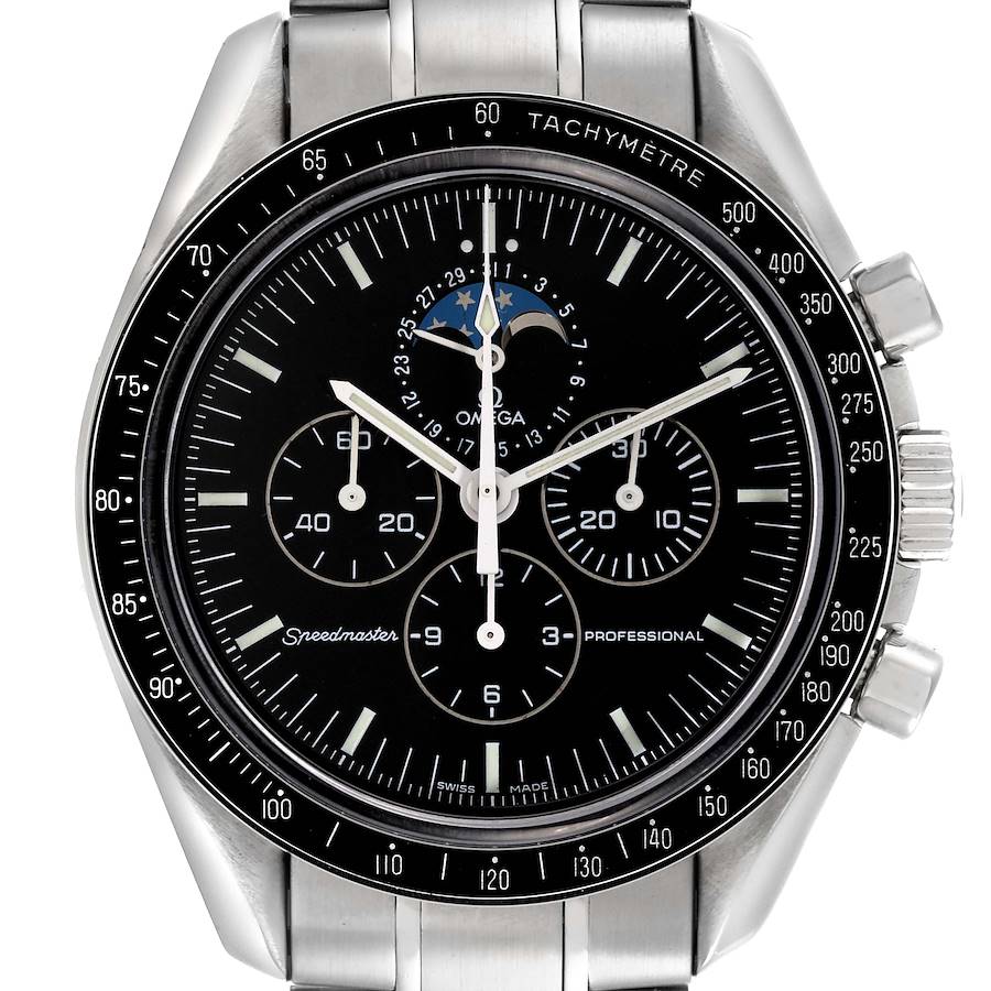 The Omega Speedmaster model 3576.50.00 watch is shown from the front, displaying the black dial, subdials, moonphase, hands, and stainless steel bracelet.