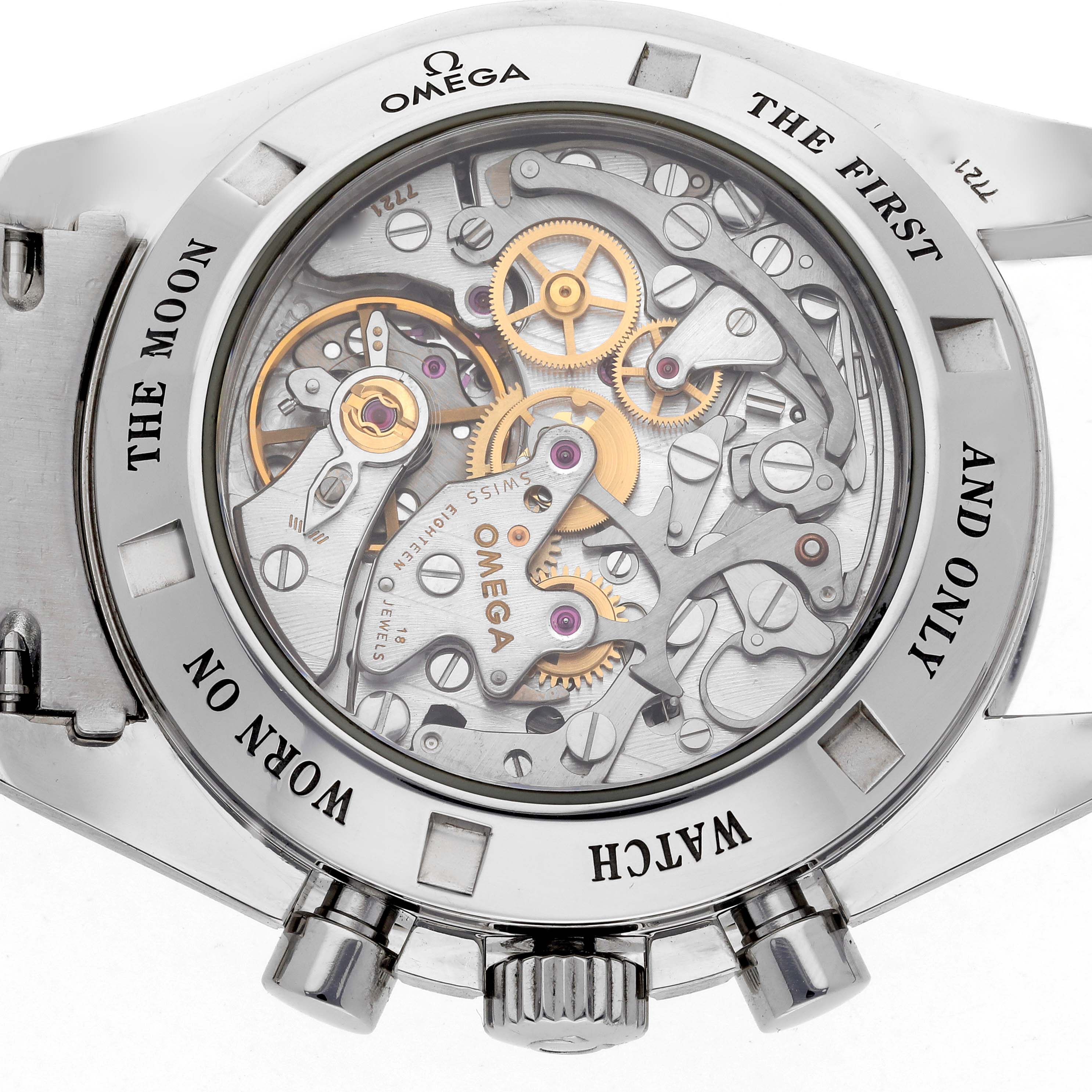 The image shows the case back of an Omega Speedmaster model 3576.50.00, highlighting the intricate mechanical movement and engravings on the rim.