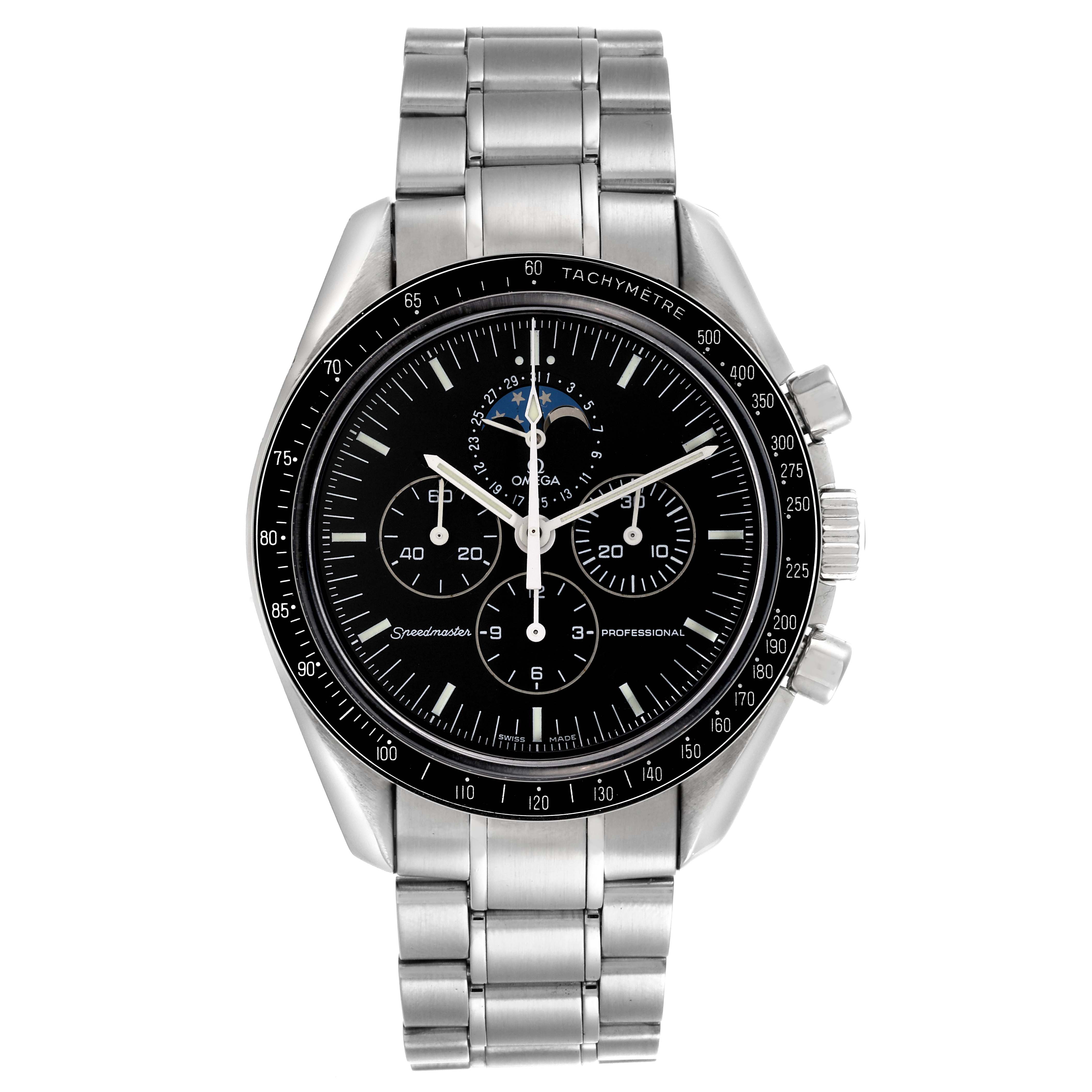 The Omega Speedmaster model 3576.50.00 is shown from a top-down angle, displaying its black dial, tachymeter bezel, subdials, moonphase, and stainless steel bracelet.