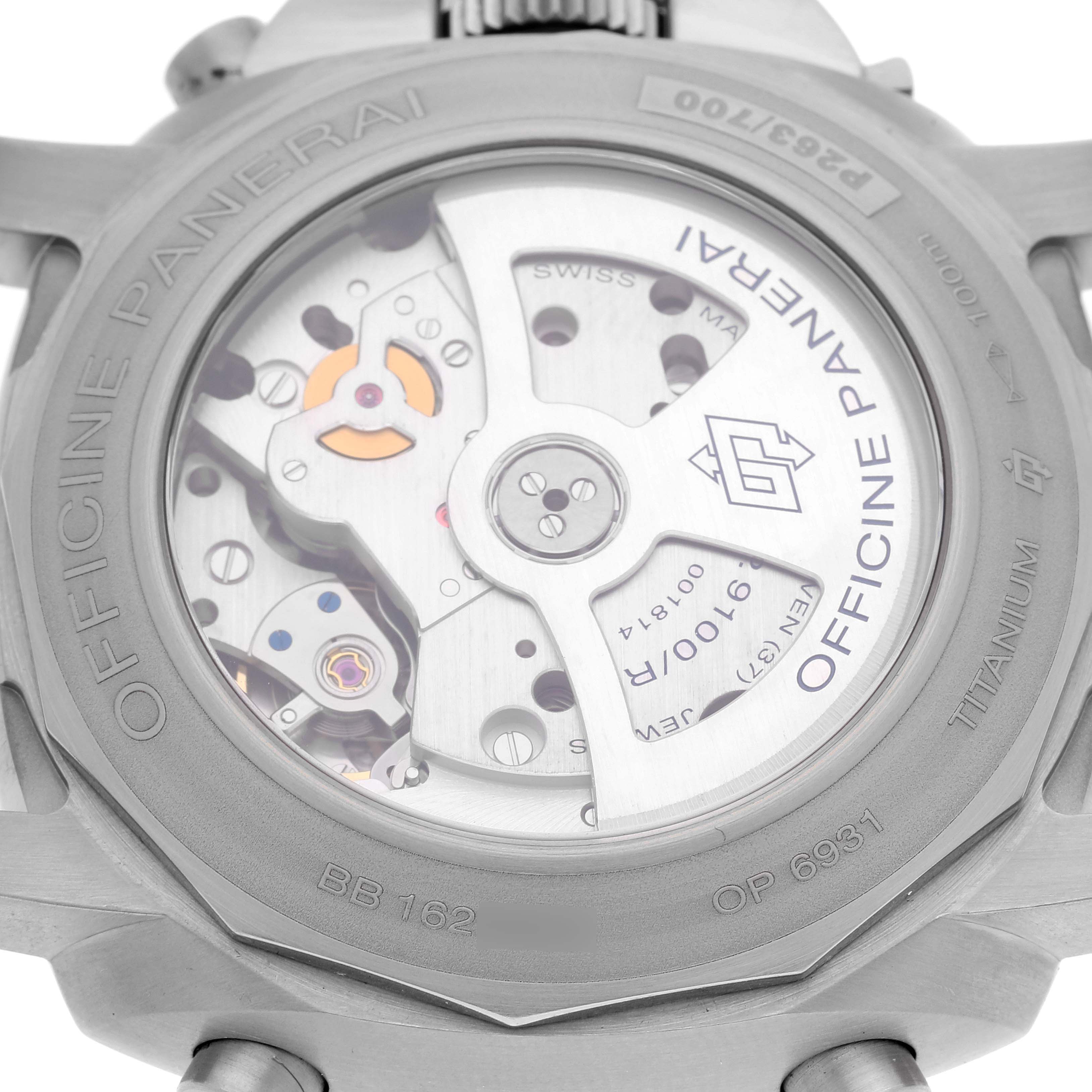 This image shows the back of a Panerai Luminor PAM00526 Men's Titanium Black Dial PAM00526 Men's Titanium Black Dial watch, highlighting its exposed movement and engravings on the case.