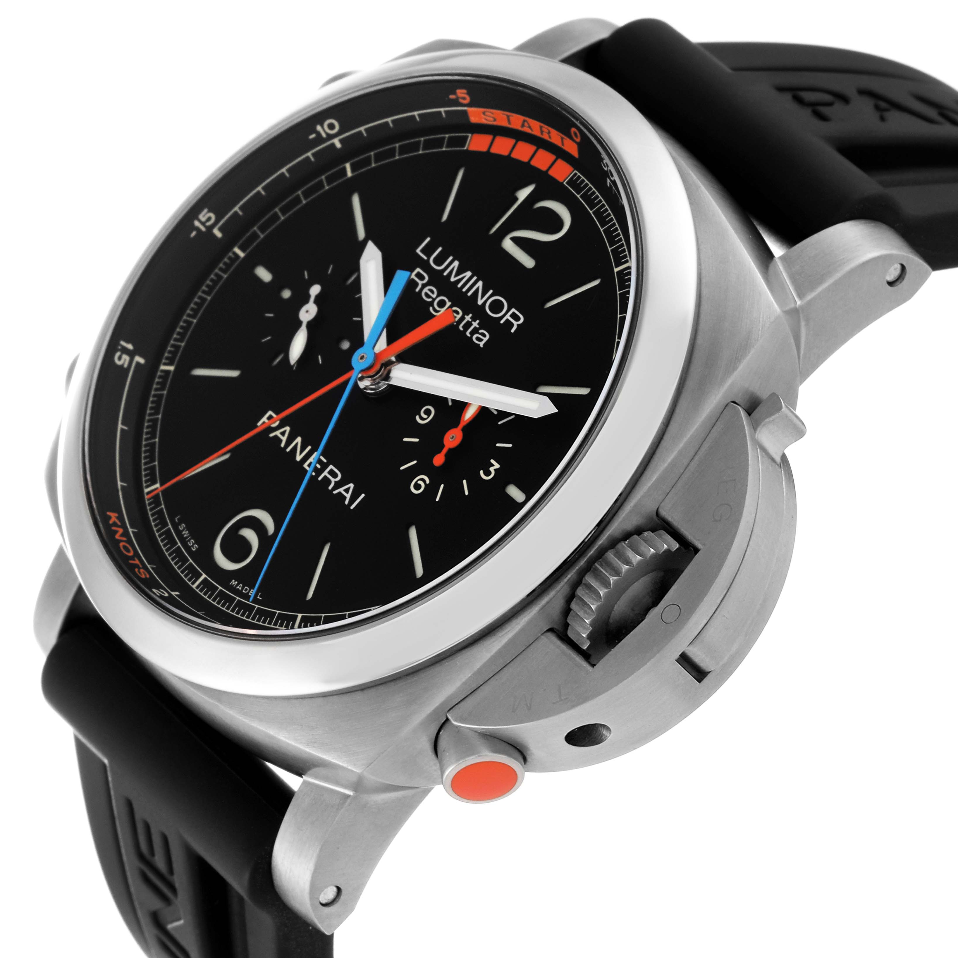 The image shows a close-up side view of a Panerai Luminor PAM00526 Men's Titanium Black Dial PAM00526 Men's Titanium Black Dial Regatta model, highlighting its crown guard and buttons.