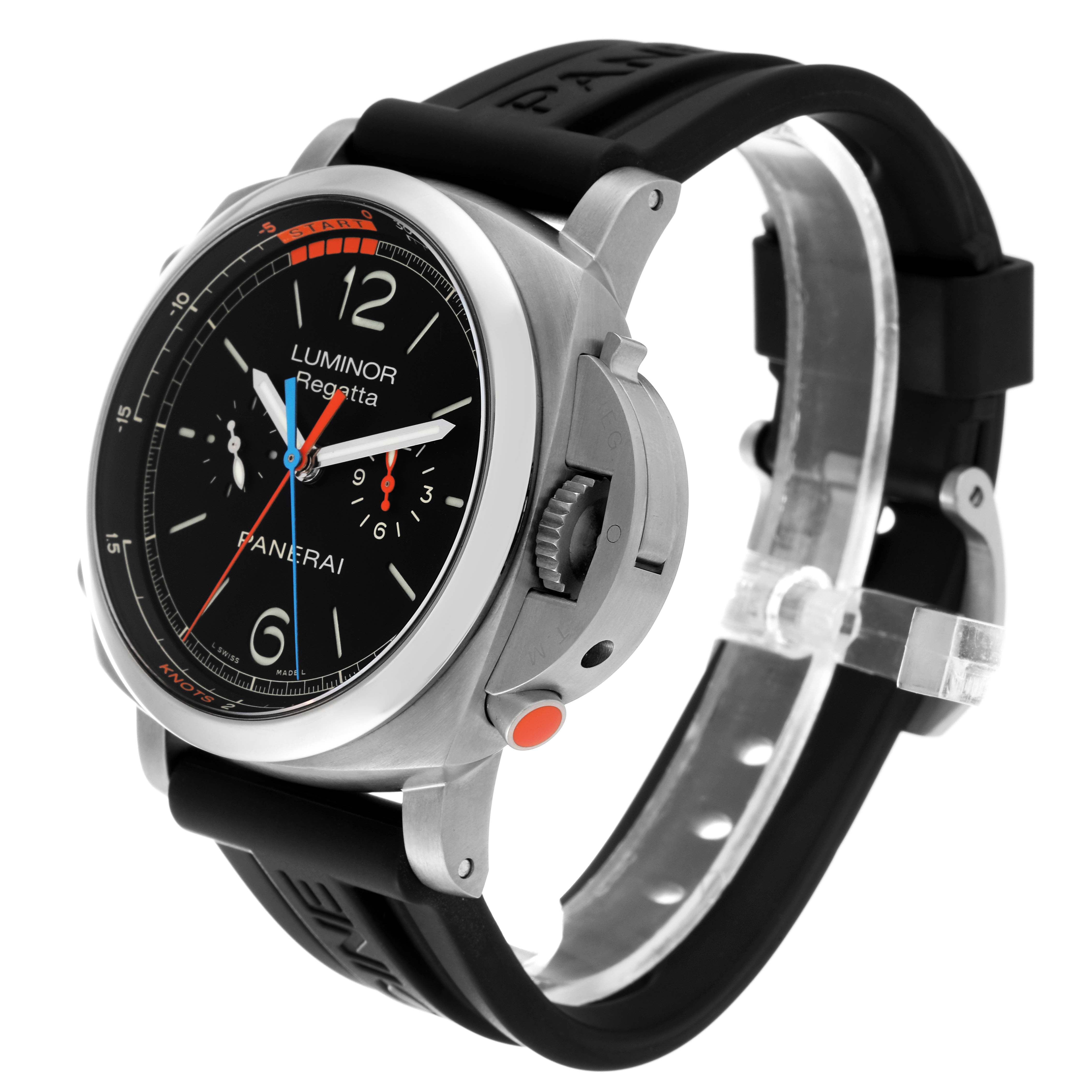 The image shows a Panerai Luminor PAM00526 Men's Titanium Black Dial PAM00526 Men's Titanium Black Dial Regatta watch at a three-quarter angle highlighting its face, bezel, strap, and crown guard.