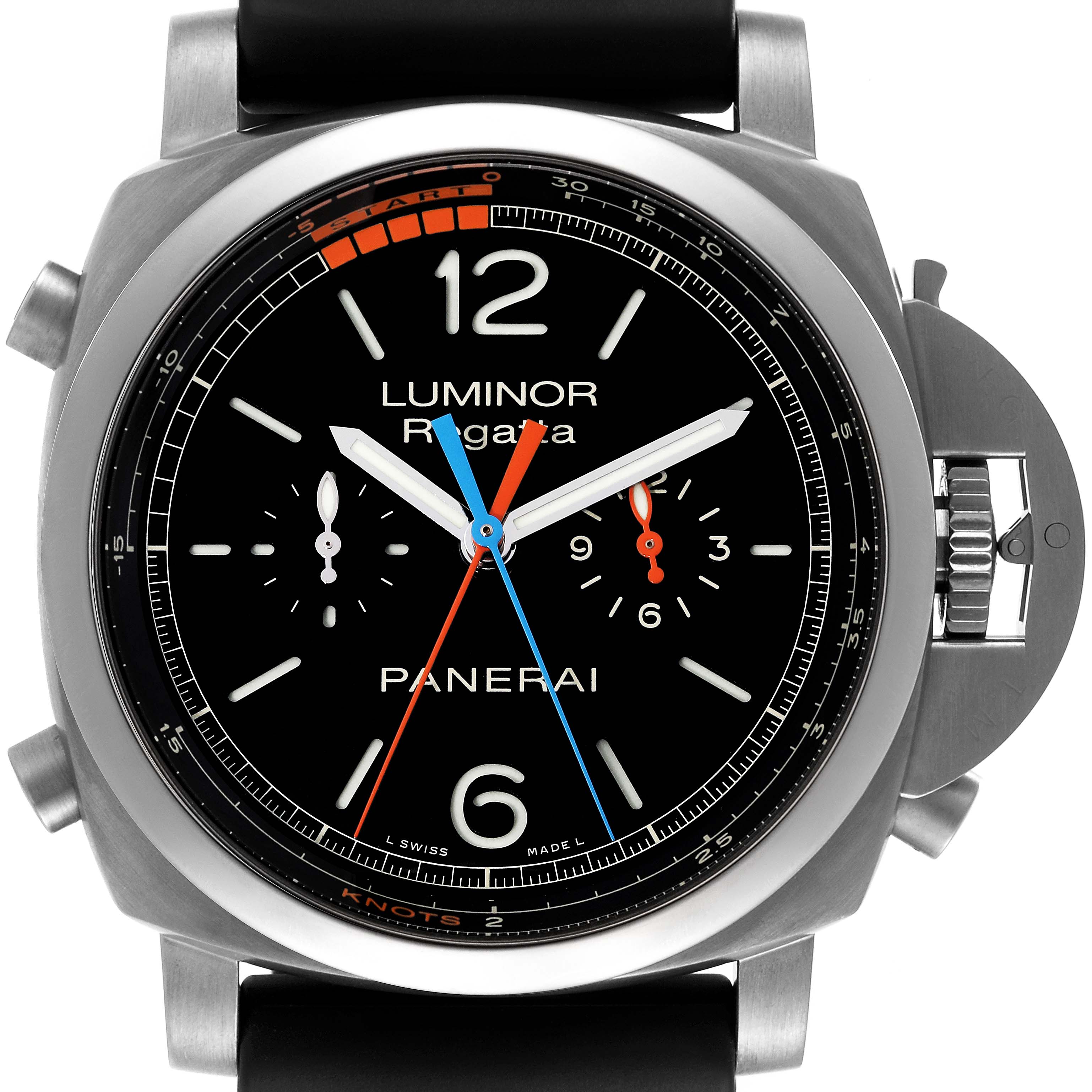 This image shows a front view of the Panerai Luminor PAM00526 Men's Titanium Black Dial PAM00526 Men's Titanium Black Dial Regatta watch, highlighting its dial and crown guard.