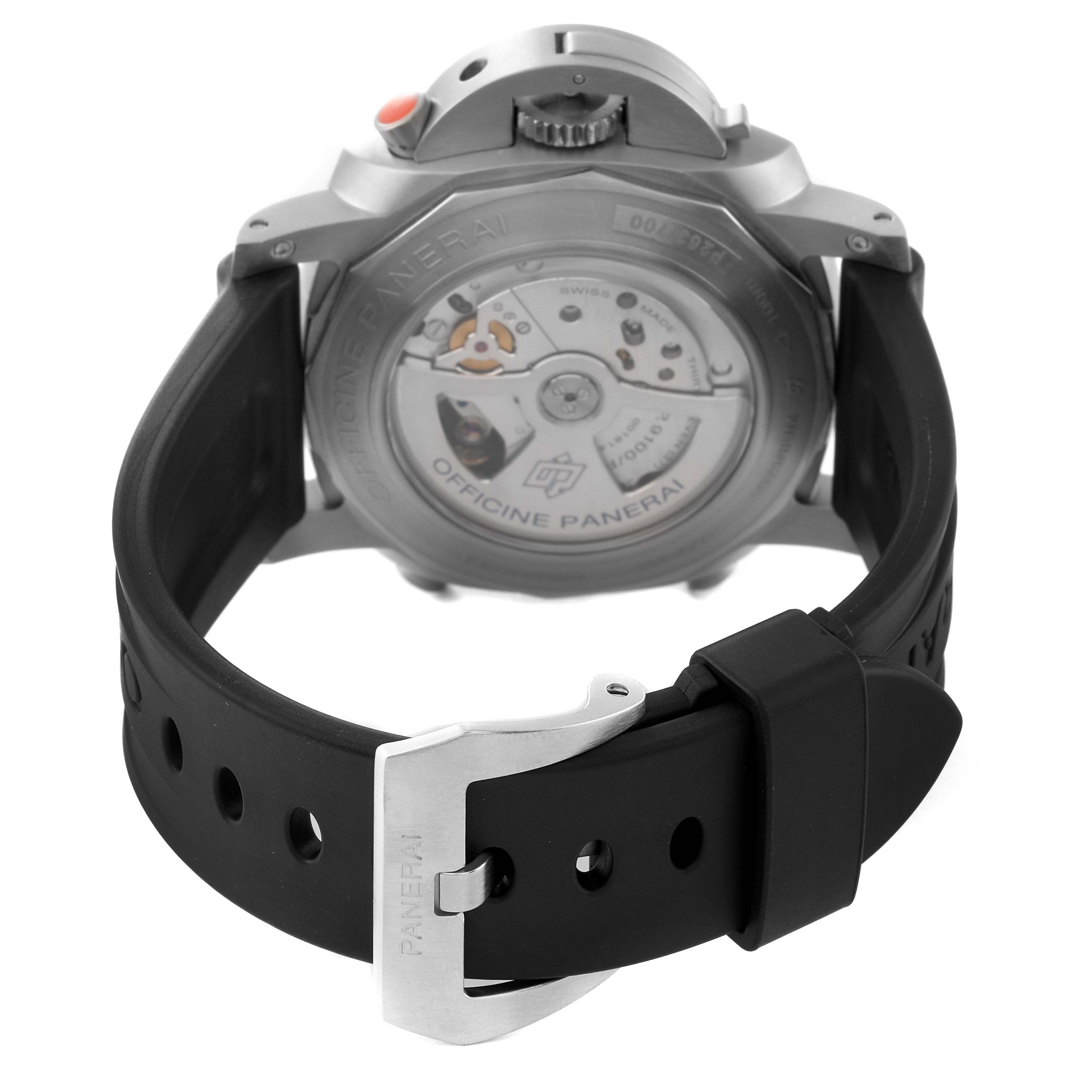 The image shows the back view of a Panerai Luminor PAM00526 Men's Titanium Black Dial PAM00526 Men's Titanium Black Dial watch, highlighting its case back, movement, and strap with a buckle.