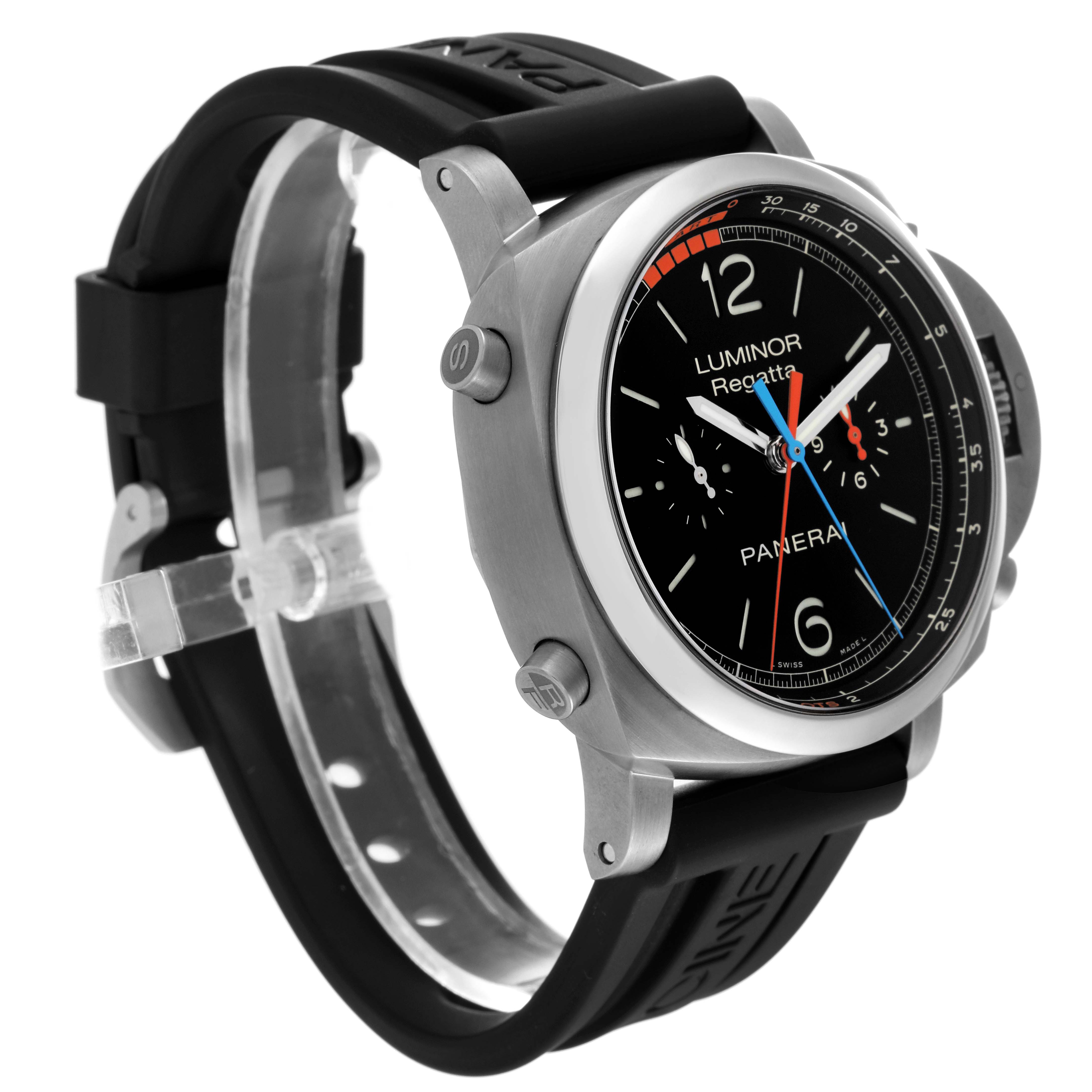 The image shows a side-angle view of a Panerai Luminor PAM00526 Men's Titanium Black Dial PAM00526 Men's Titanium Black Dial model, highlighting its black dial, stainless steel case, and black rubber strap.