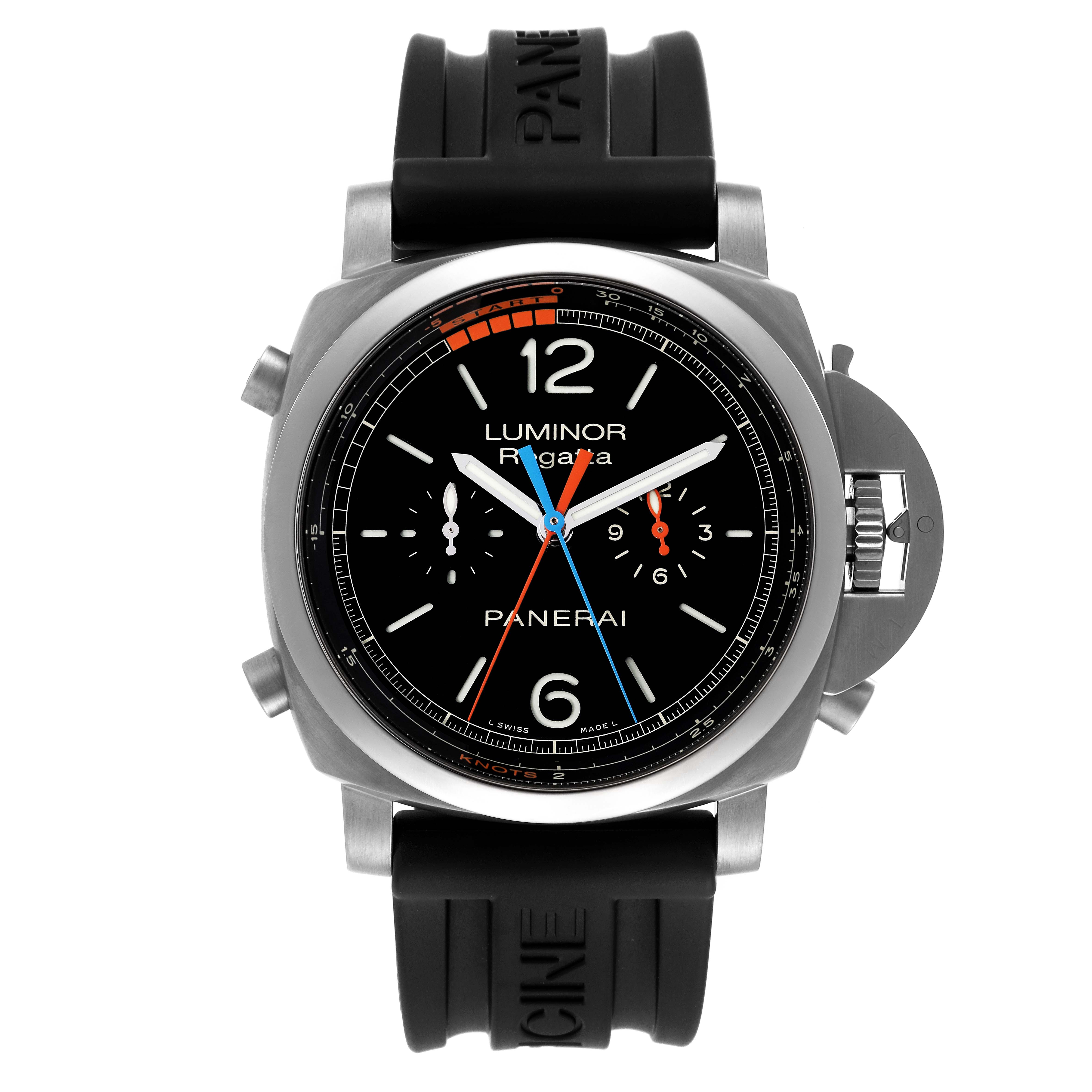 This image shows a front view of the Panerai Luminor PAM00526 Men's Titanium Black Dial PAM00526 Men's Titanium Black Dial model watch, highlighting its face, bezel, and rubber strap.