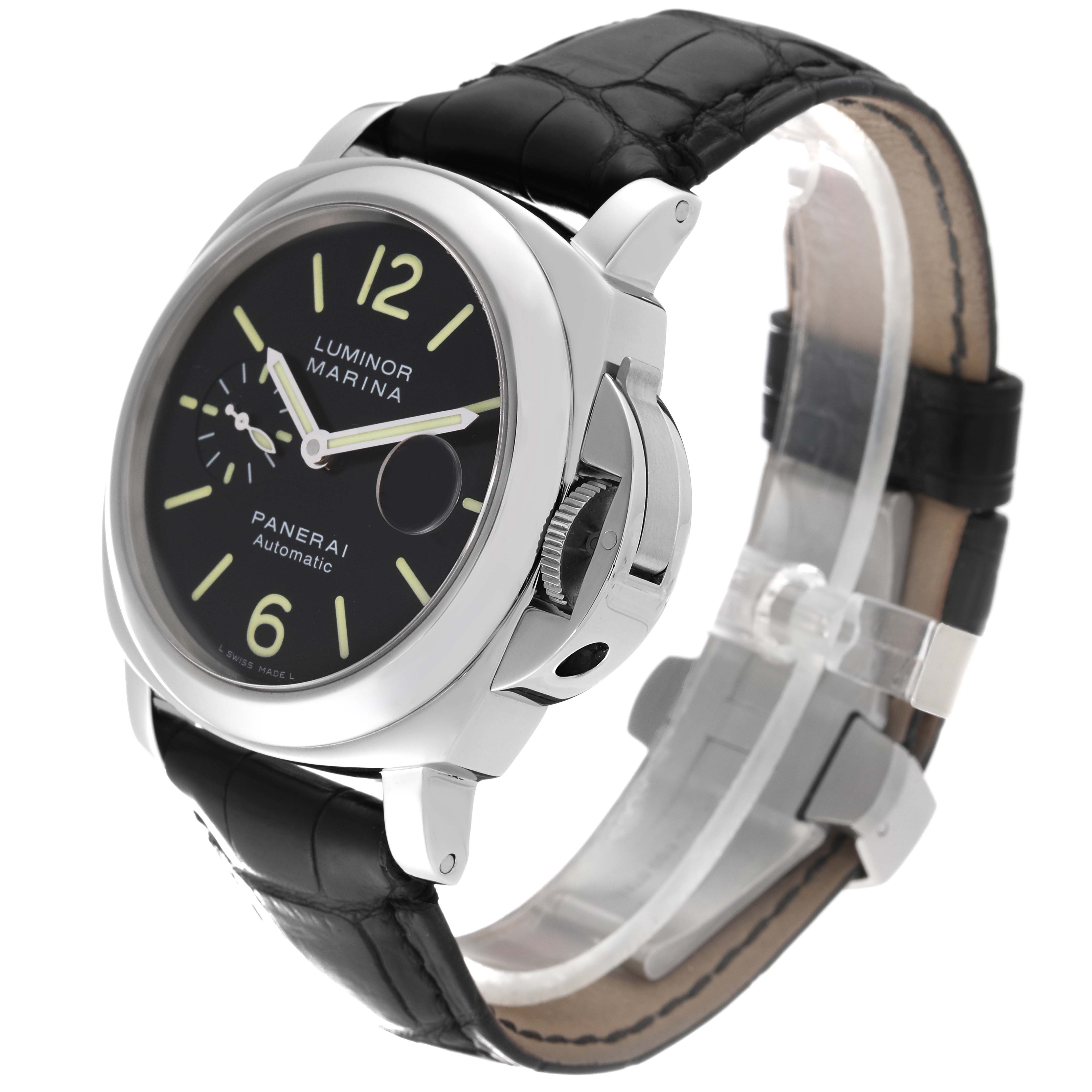 This image shows a Panerai Luminor PAM00104 Men
s Stainless Steel Black Dial PAM00104 Men
s Stainless Steel Black Dial watch from an angled side view, highlighting the black dial, strap, and crown protector.