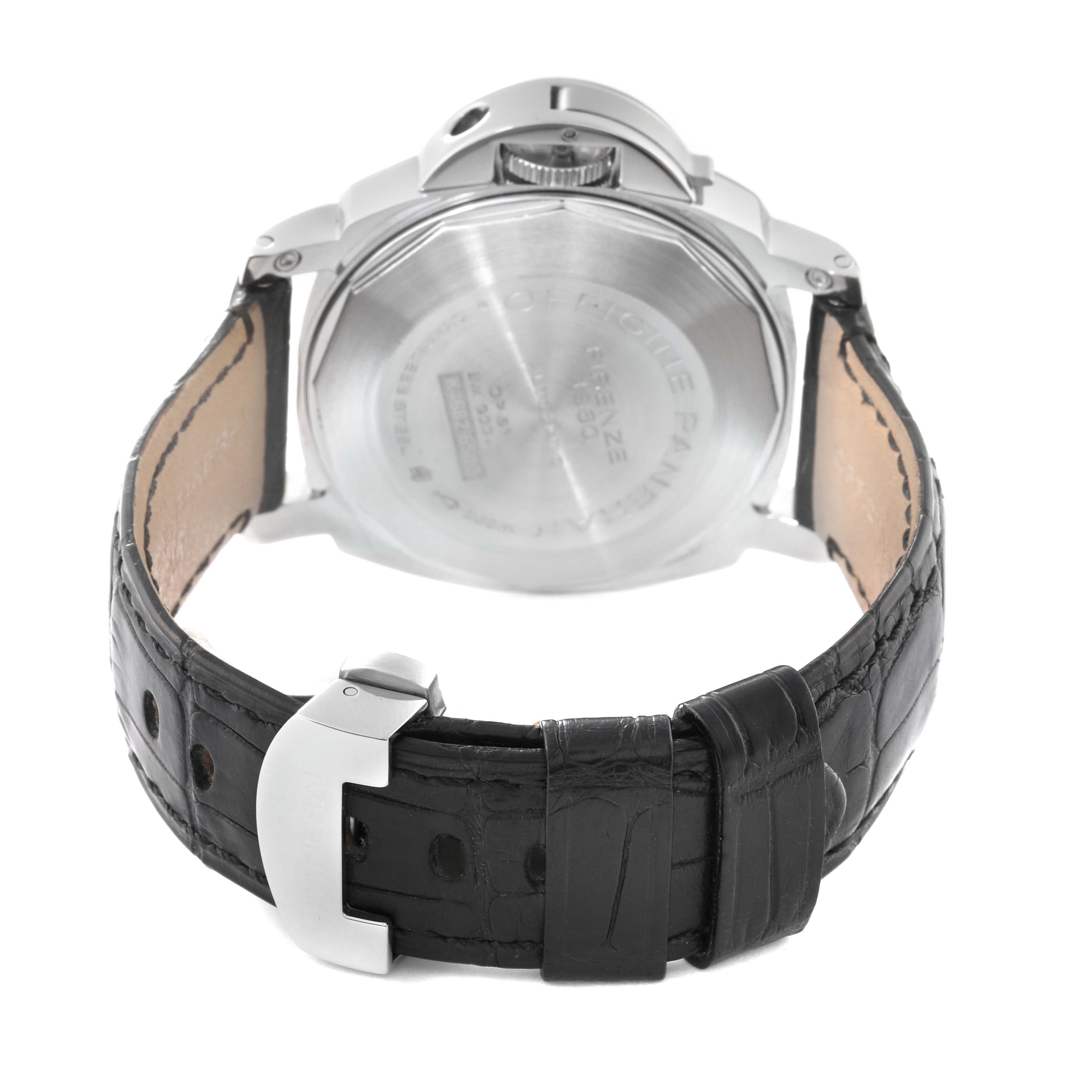 This image shows the back view of a Panerai Luminor PAM00104 Men
s Stainless Steel Black Dial PAM00104 Men
s Stainless Steel Black Dial watch, highlighting the case back, crown, and black leather strap.