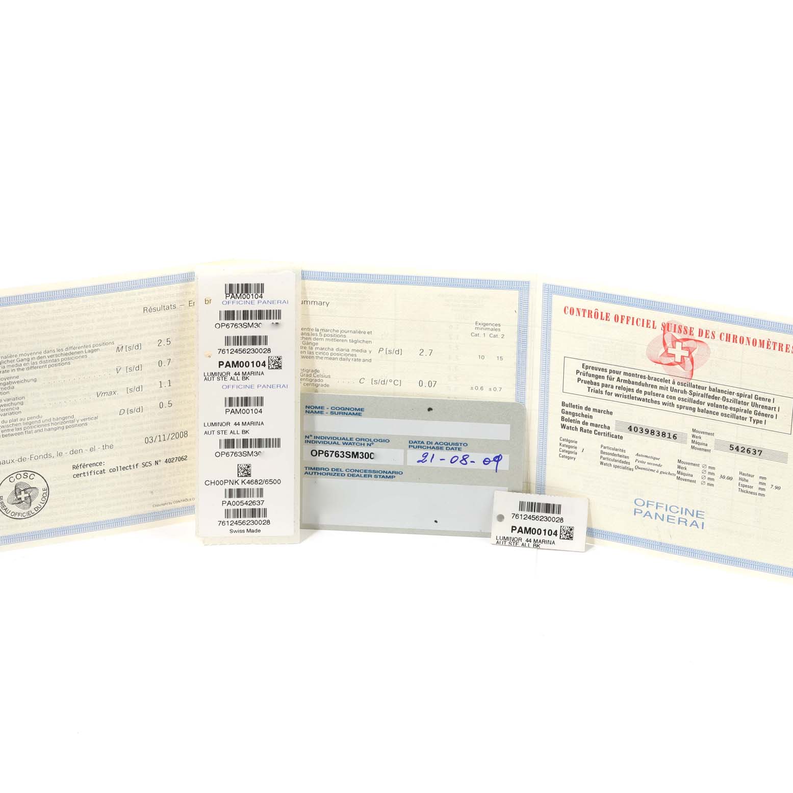 This image shows papers and certificates for the Luminor model by Panerai.