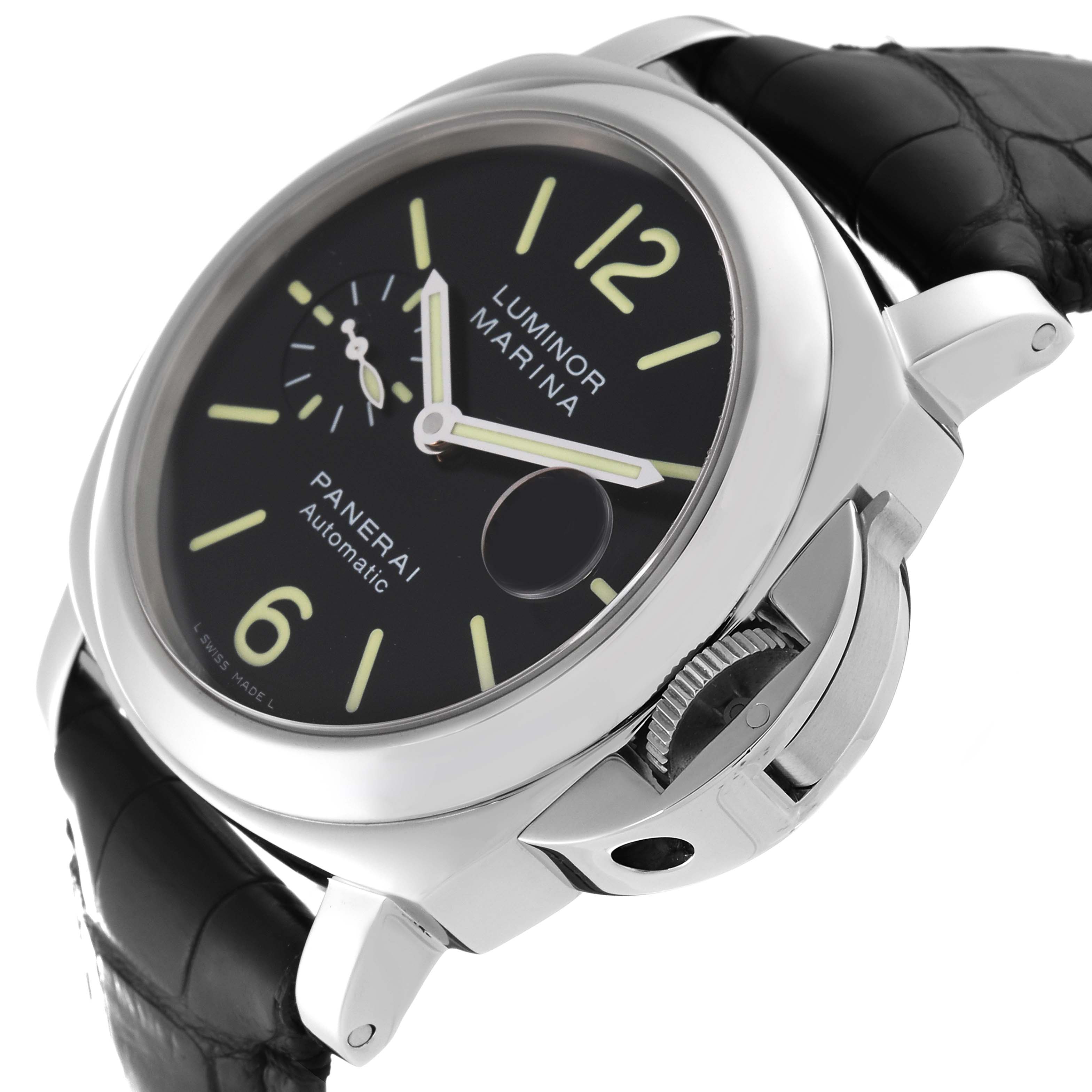 The image shows a Panerai Luminor PAM00104 Men
s Stainless Steel Black Dial PAM00104 Men
s Stainless Steel Black Dial watch at an angled side view, highlighting its crown guard and dial.
