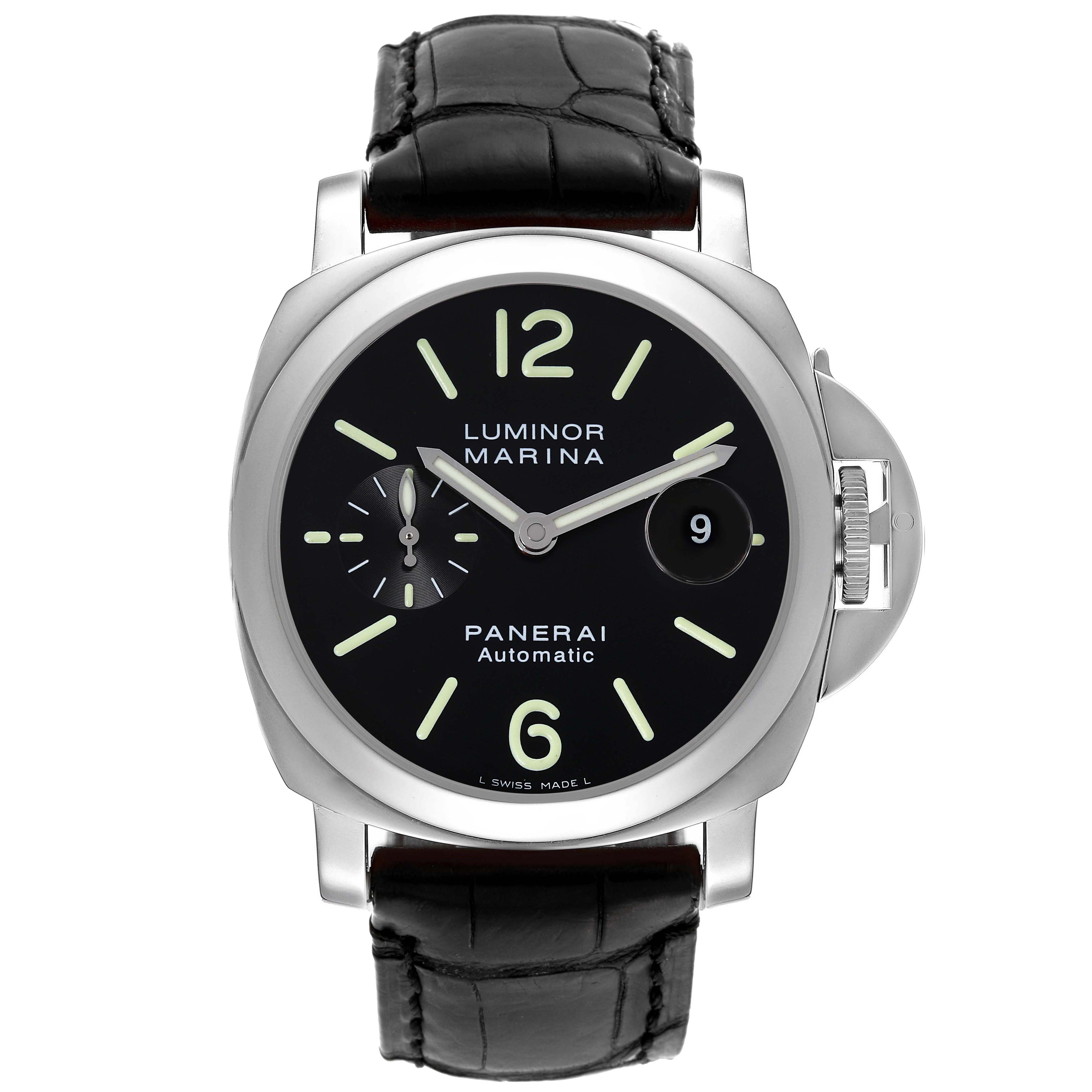 The image displays a front view of a Panerai Luminor PAM00104 Men
s Stainless Steel Black Dial PAM00104 Men
s Stainless Steel Black Dial Marina watch, showcasing its face, strap, and crown guard.