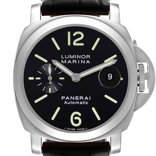 The image shows a front view of the Panerai Luminor Marina watch, highlighting its dial, hands, date window, and crown guard.