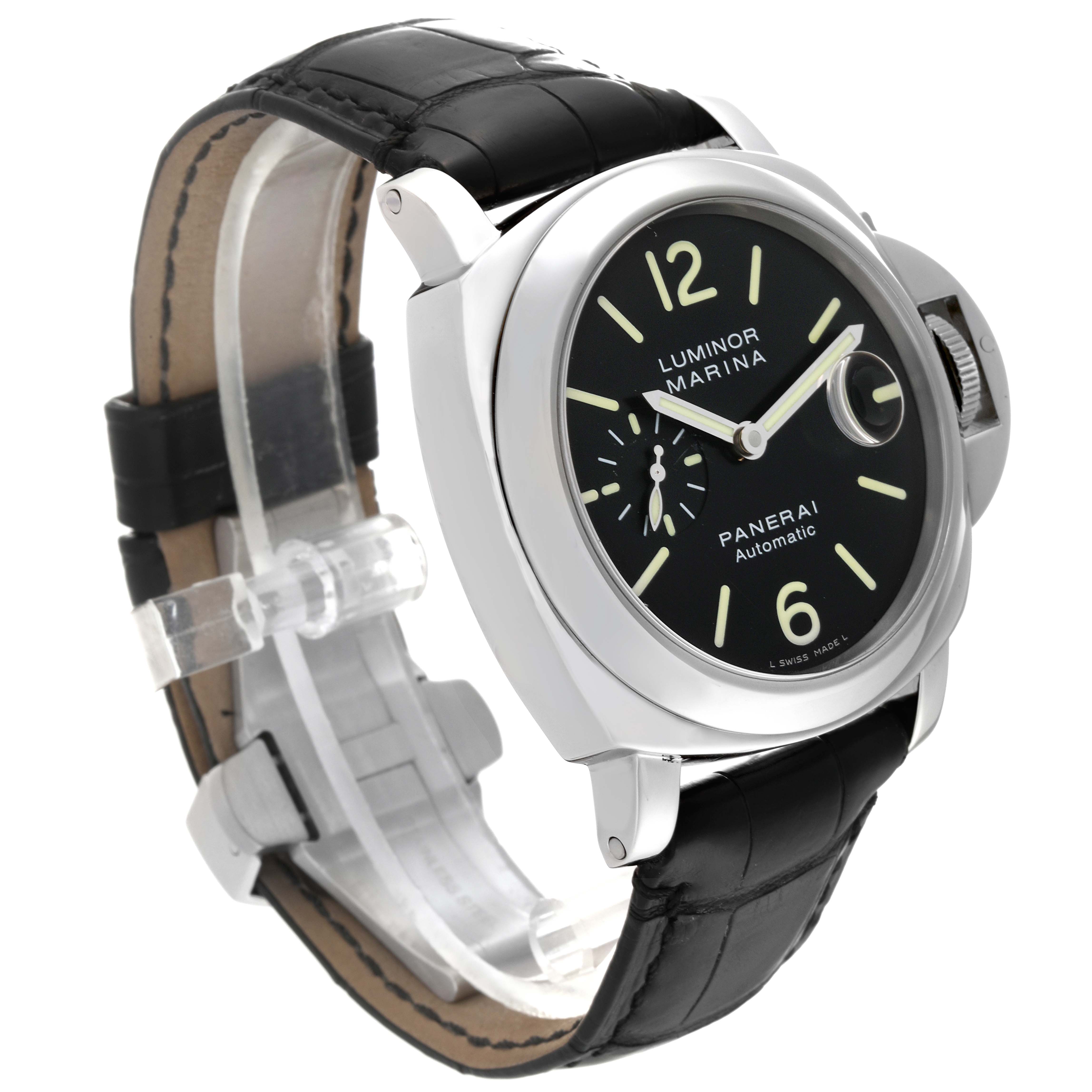 The image shows a side and front angle of the Panerai Luminor PAM00104 Men
s Stainless Steel Black Dial PAM00104 Men
s Stainless Steel Black Dial watch, highlighting the bezel, dial, and leather strap.