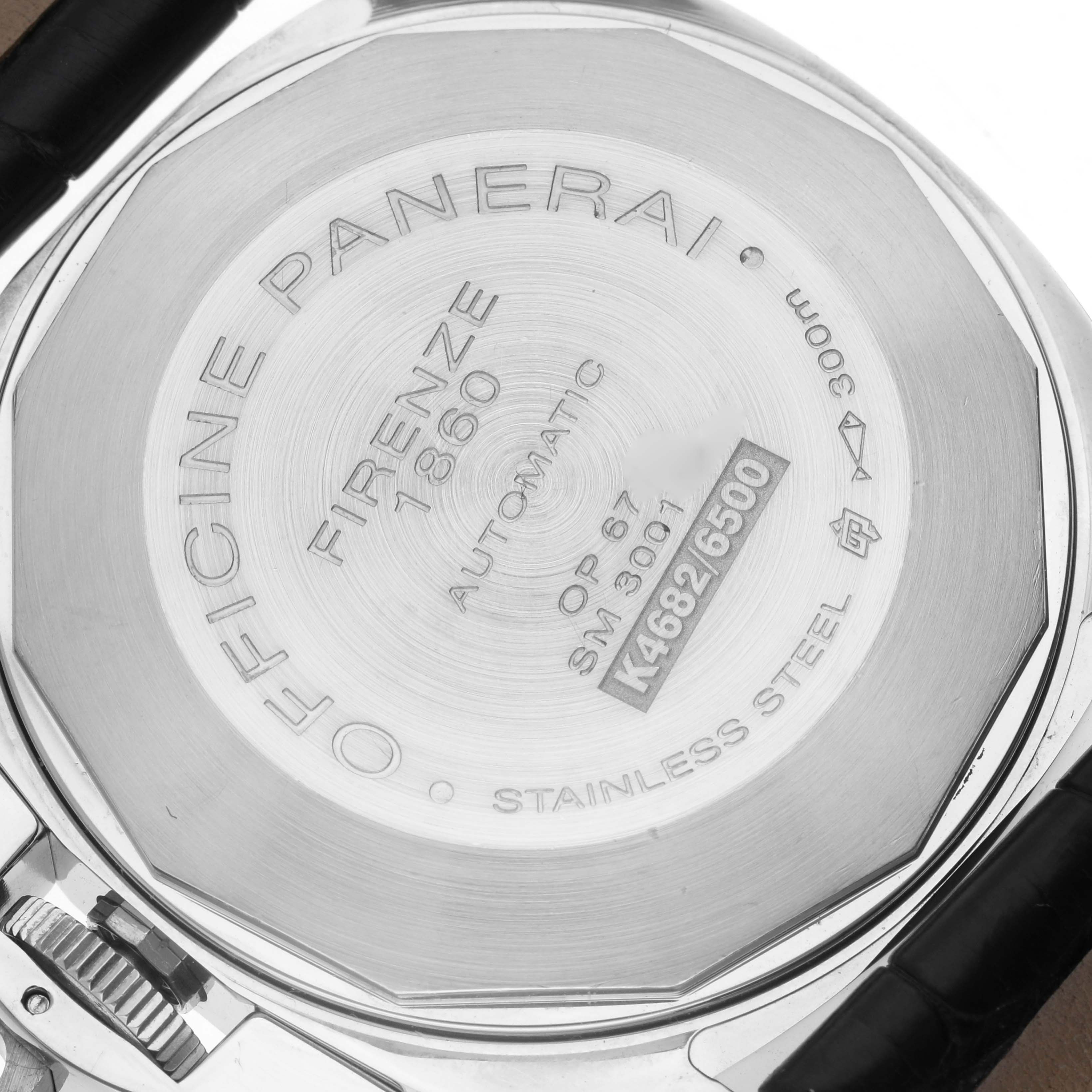 This image shows the case back of a Panerai Luminor PAM00104 Men
s Stainless Steel Black Dial PAM00104 Men
s Stainless Steel Black Dial, displaying its engraving details and stainless steel back.