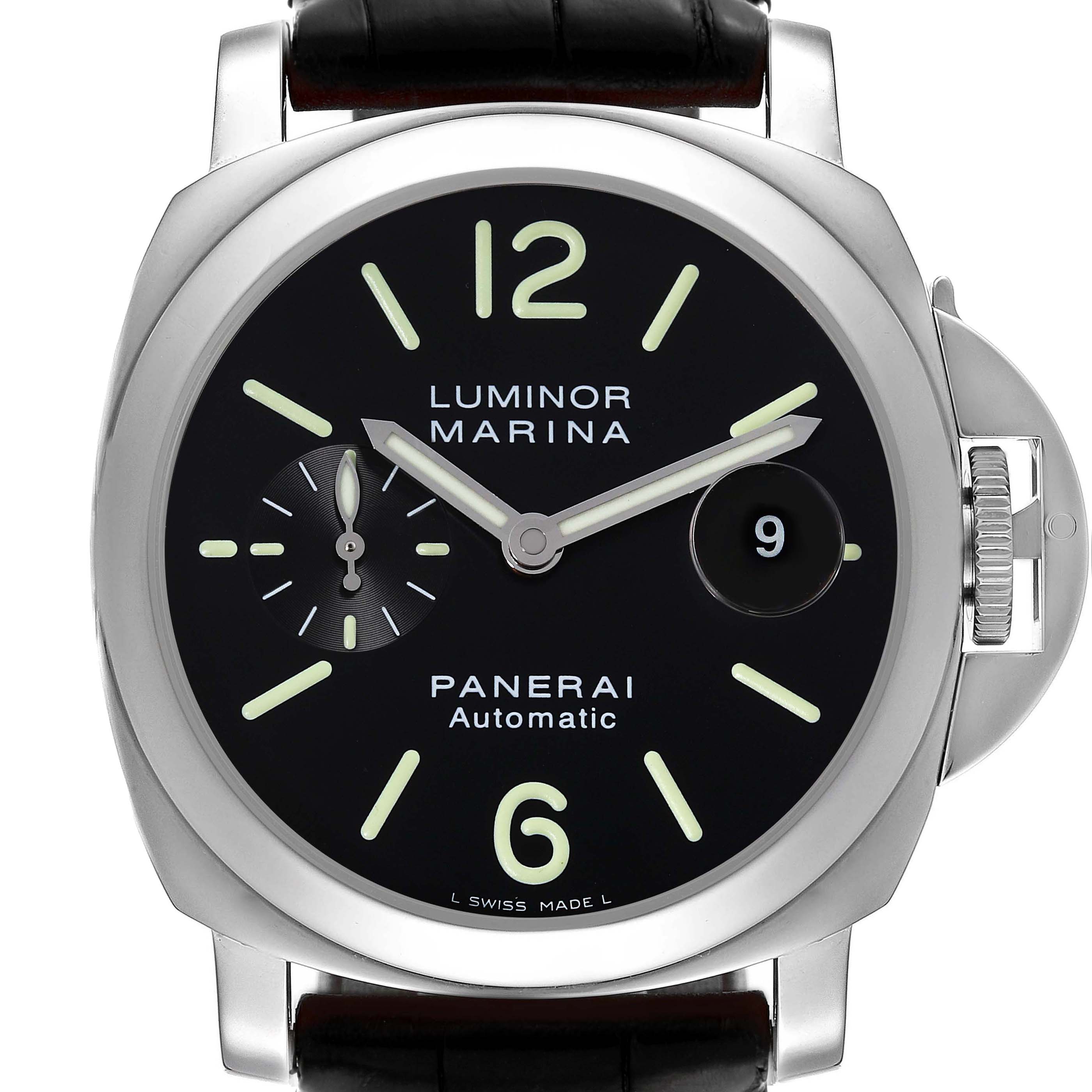 The image shows a frontal view of a Panerai Luminor PAM00104 Men
s Stainless Steel Black Dial PAM00104 Men
s Stainless Steel Black Dial Marina watch, highlighting its dial, hands, and crown guard.