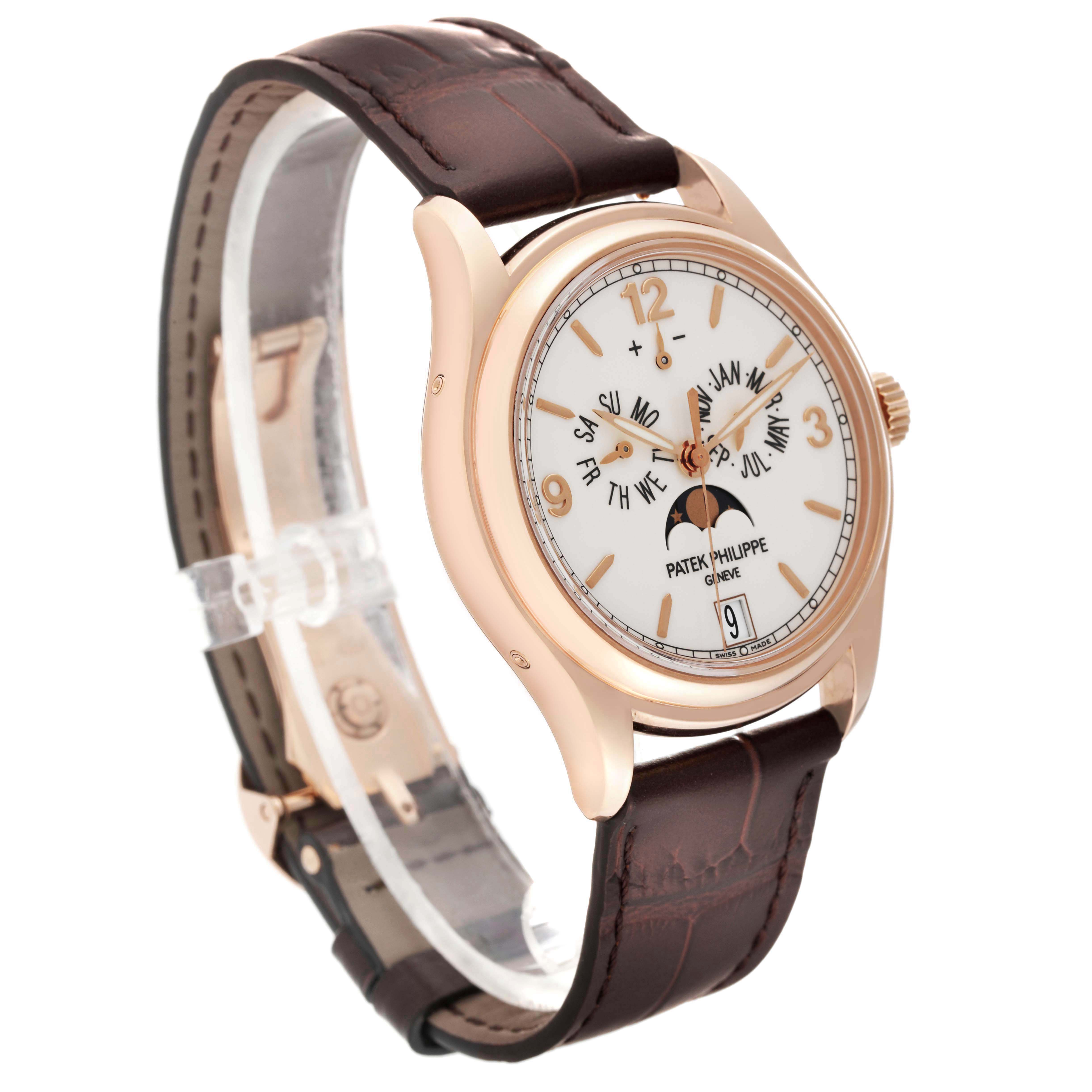 This Patek Philippe Complications 5146R-001 Men's Rose Gold White Dial 5146R-001 Men's Rose Gold White Dial model watch is shown at a slight angle from the right, displaying its face, case, and leather strap.