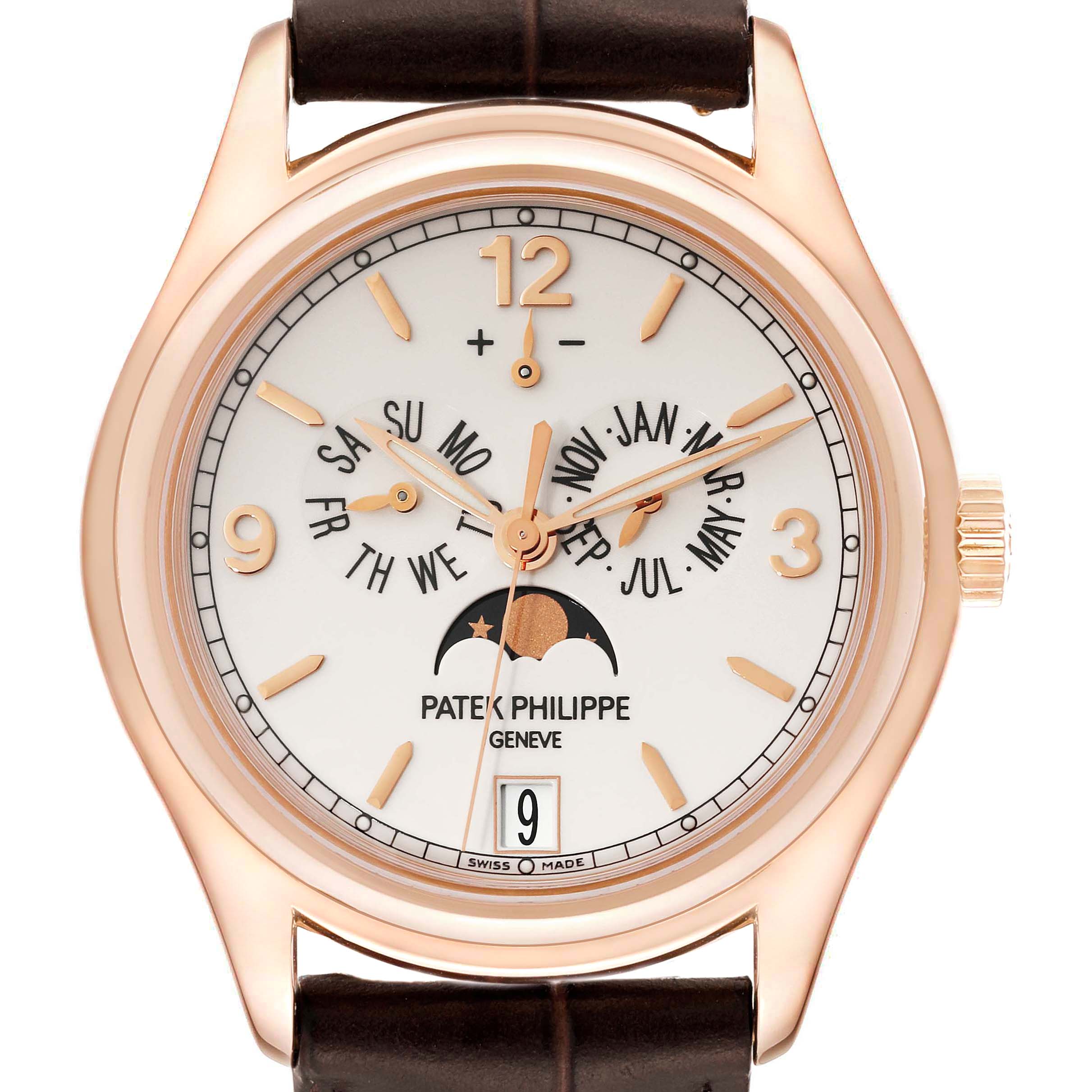 The image shows a frontal view of a Patek Philippe Complications 5146R-001 Men's Rose Gold White Dial 5146R-001 Men's Rose Gold White Dial watch, highlighting the dial, hands, date, month, and moon phase.